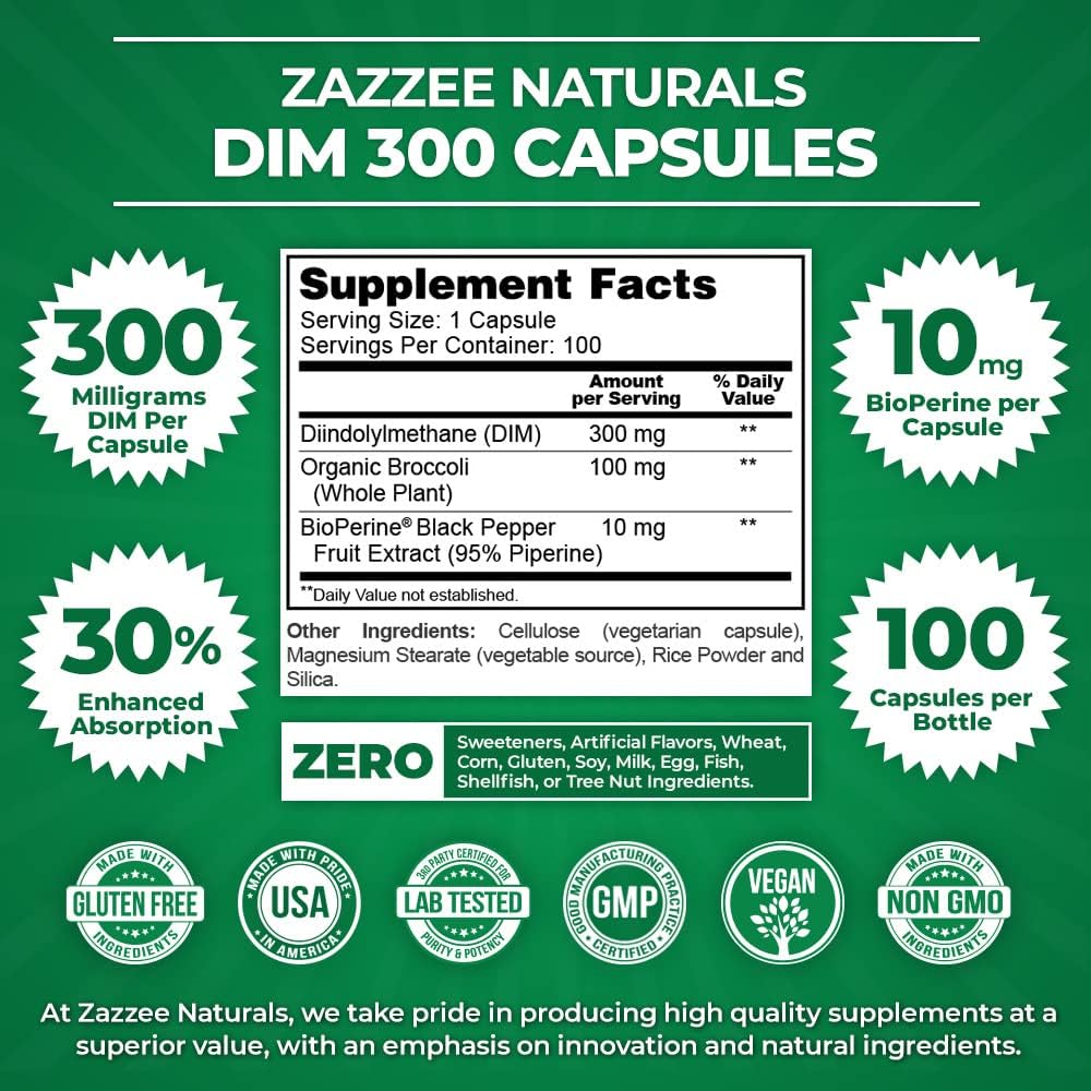 Zazzee DIM Capsules - 100 Count, 300 mg with 10 mg BioPerine for Hormonal Balance, Menopause Support, Estrogen Balance - Vegan and All-Natural - Non-GMO - Made in USA