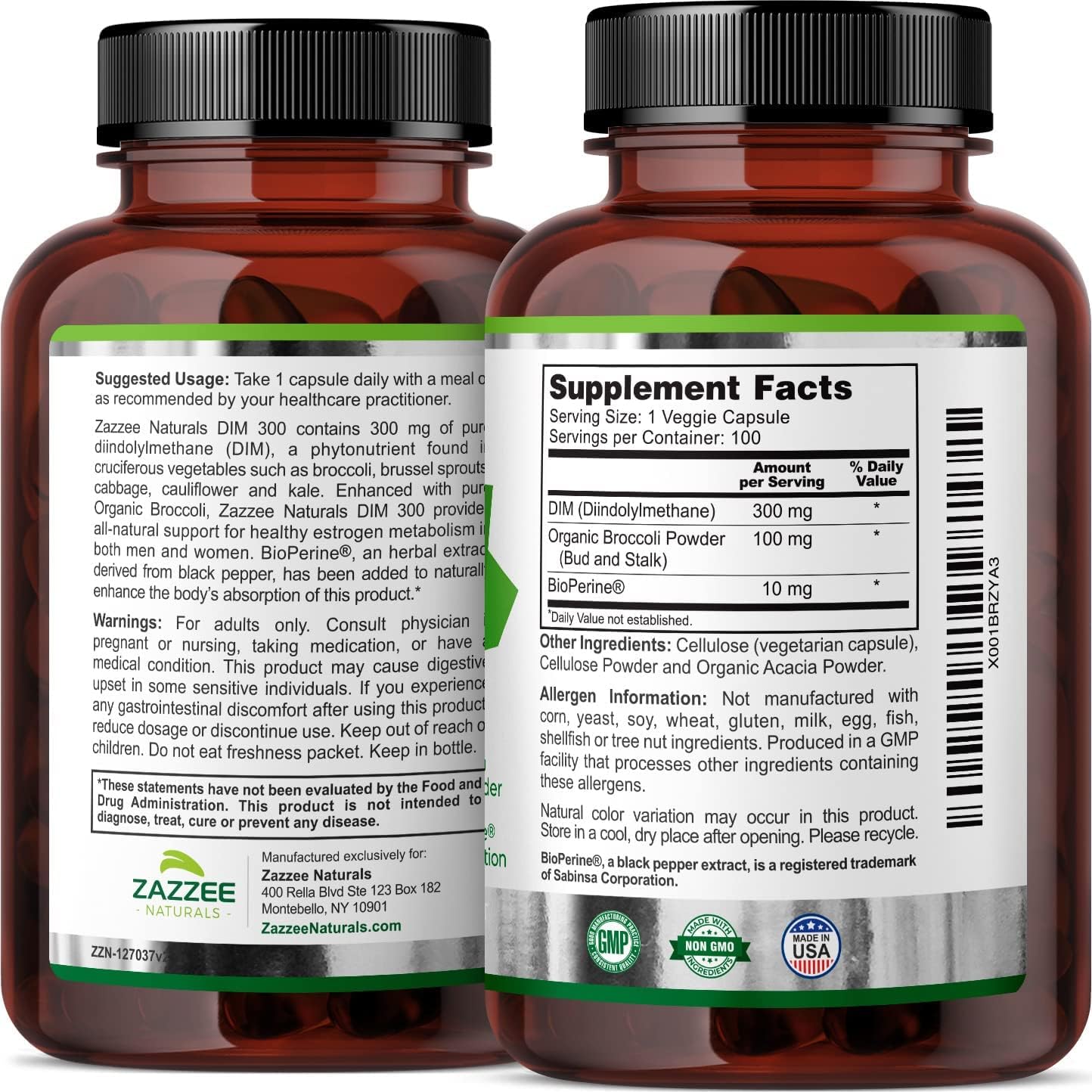 Zazzee DIM Capsules - 100 Count, 300 mg with 10 mg BioPerine for Hormonal Balance, Menopause Support, Estrogen Balance - Vegan and All-Natural - Non-GMO - Made in USA