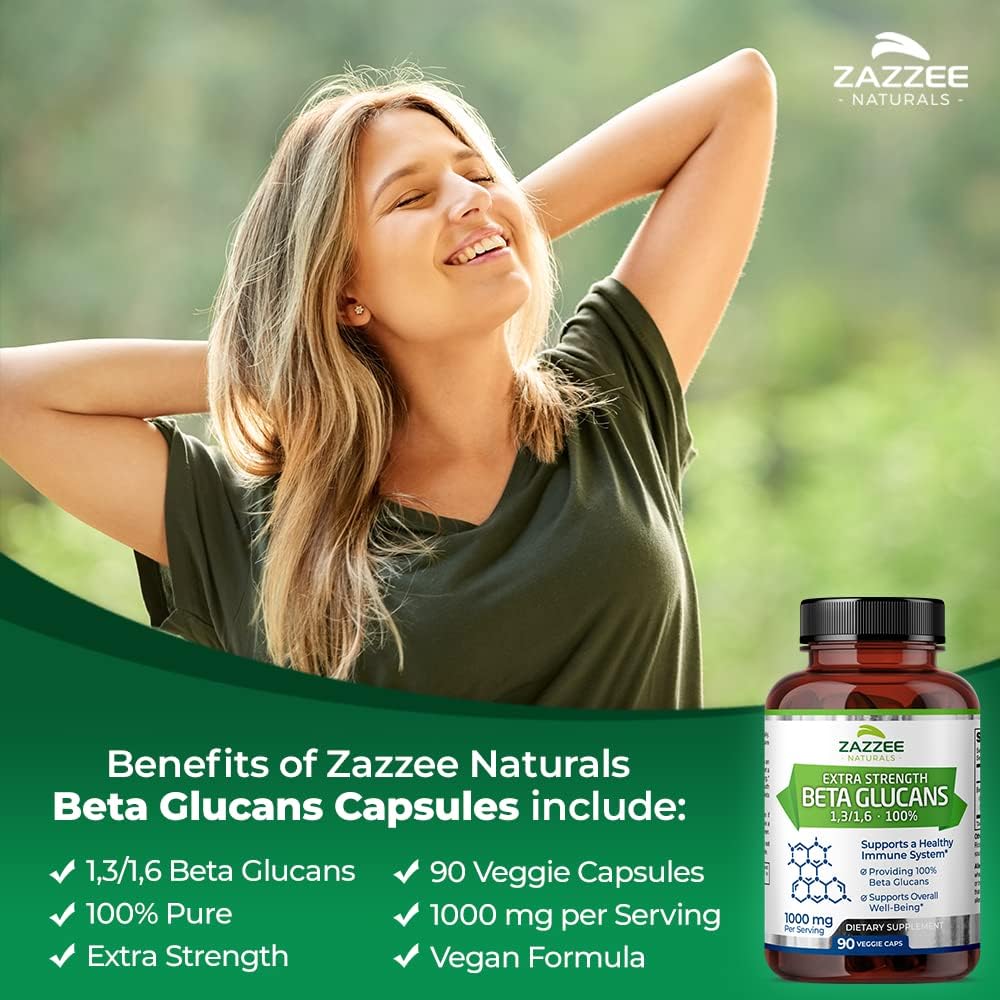 Zazzee Extra Strength Beta Glucans 1000mg - 90 Vegan Capsules - Immune System Support - Vegetarian - Non-GMO - All-Natural