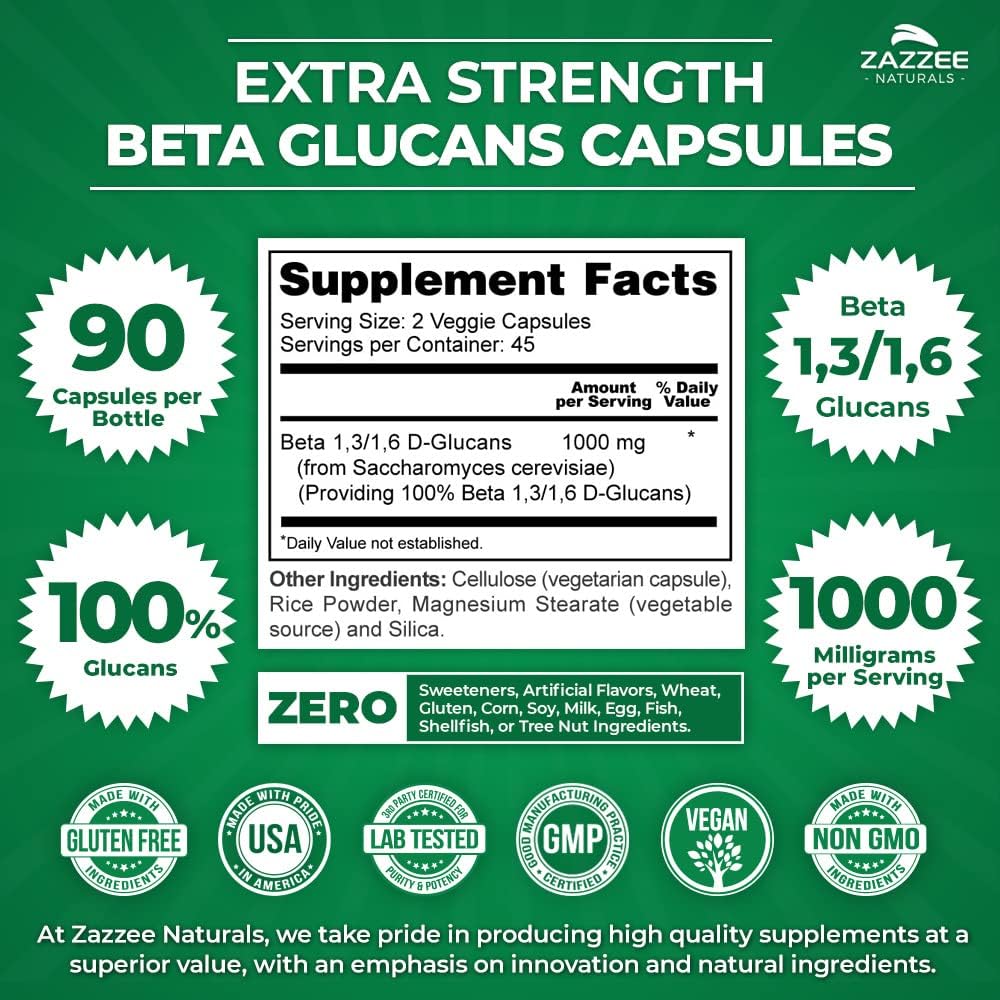 Zazzee Extra Strength Beta Glucans 1000mg - 90 Vegan Capsules - Immune System Support - Vegetarian - Non-GMO - All-Natural