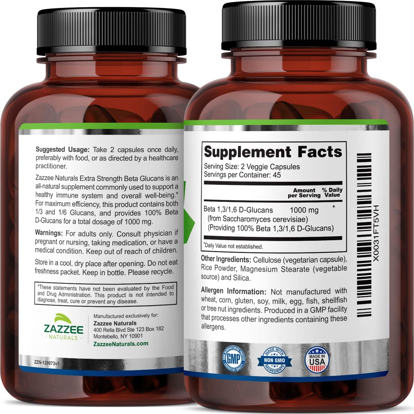 Zazzee Extra Strength Beta Glucans 1000mg - 90 Vegan Capsules - Immune System Support - Vegetarian - Non-GMO - All-Natural