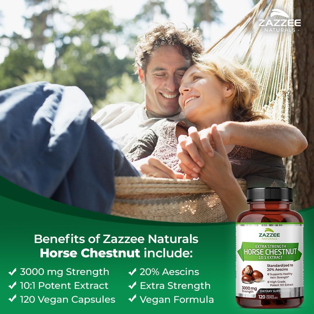Zazzee Extra Strength Horse Chestnut Extract 3000 mg - 4 Month Supply - 120 Vegan Capsules - 20% Aescins - Non-GMO - Made in USA