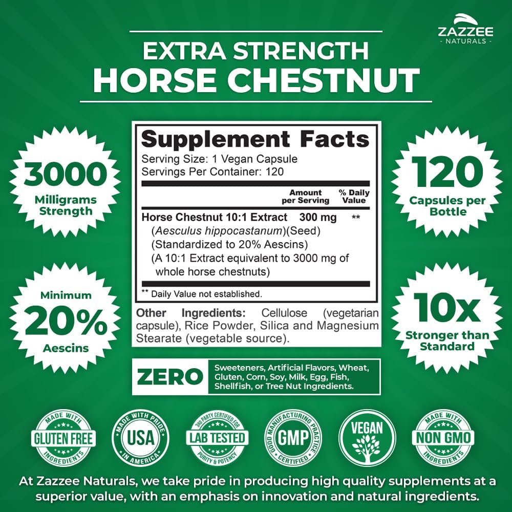 Zazzee Extra Strength Horse Chestnut Extract 3000 mg - 4 Month Supply - 120 Vegan Capsules - 20% Aescins - Non-GMO - Made in USA