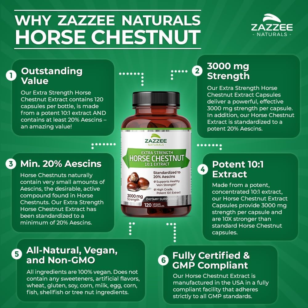 Zazzee Extra Strength Horse Chestnut Extract 3000 mg - 4 Month Supply - 120 Vegan Capsules - 20% Aescins - Non-GMO - Made in USA