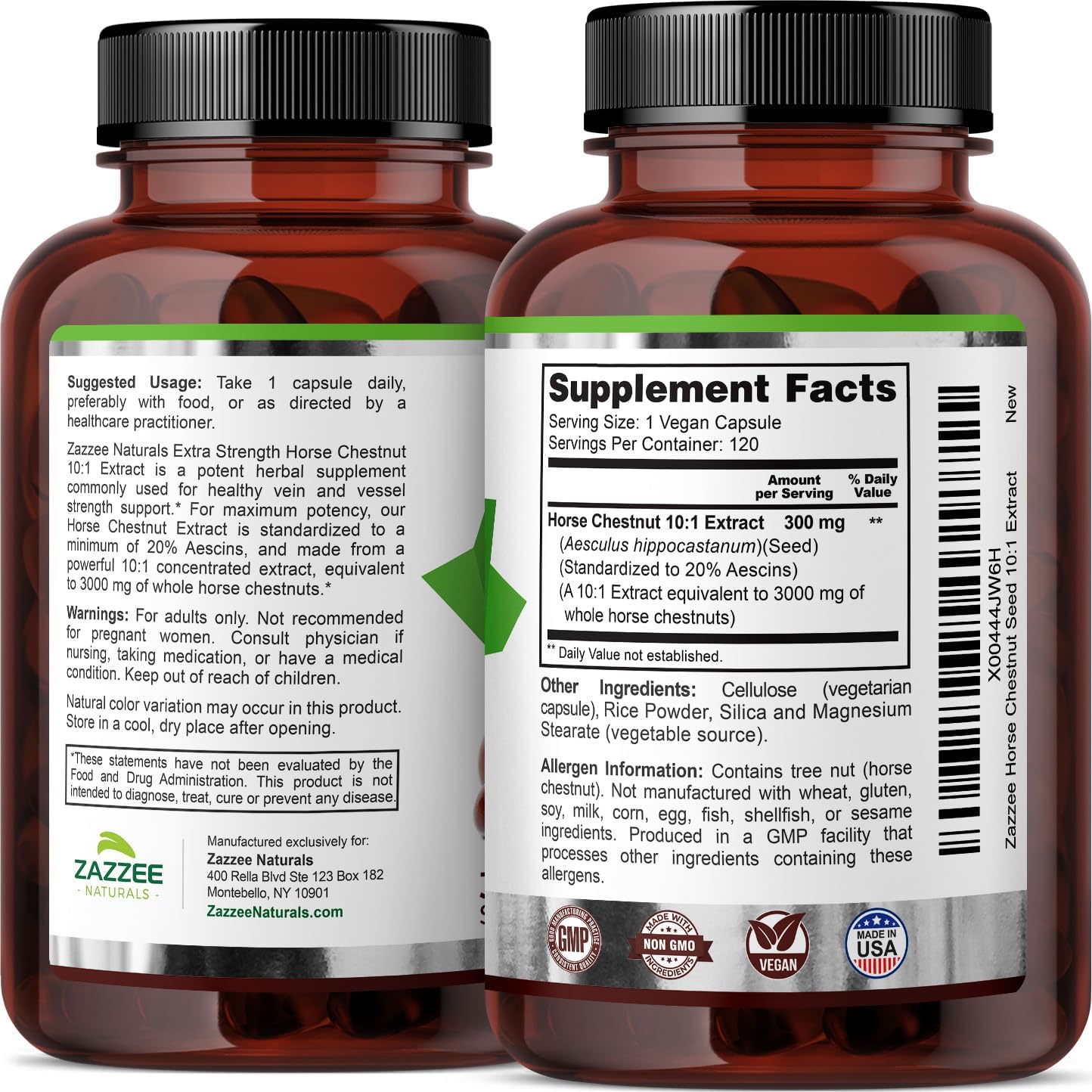 Zazzee Extra Strength Horse Chestnut Extract 3000 mg - 4 Month Supply - 120 Vegan Capsules - 20% Aescins - Non-GMO - Made in USA