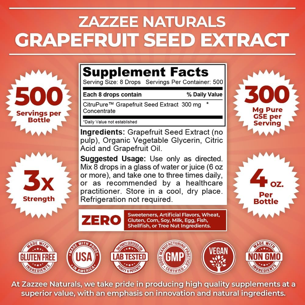 Zazzee GSE Liquid Grapefruit Seed Extract Concentrate, Triple Strength 300mg, 4oz Bottle, Vegan, Gluten Free, All-Natural - 500 Servings