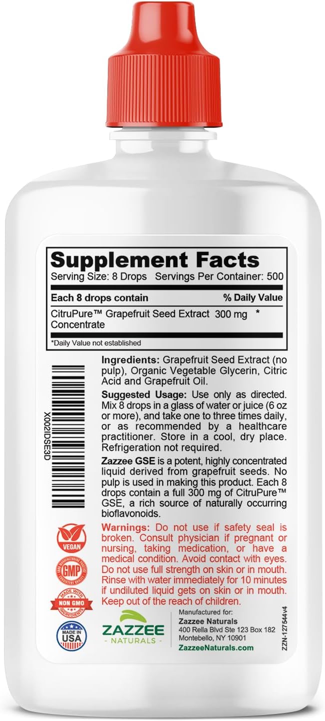 Zazzee GSE Liquid Grapefruit Seed Extract Concentrate, Triple Strength 300mg, 4oz Bottle, Vegan, Gluten Free, All-Natural - 500 Servings