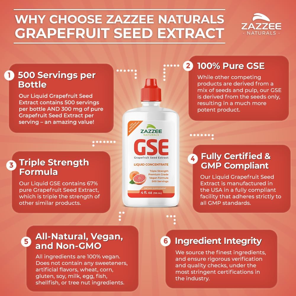 Zazzee GSE Liquid Grapefruit Seed Extract Concentrate, Triple Strength 300mg, 4oz Bottle, Vegan, Gluten Free, All-Natural - 500 Servings