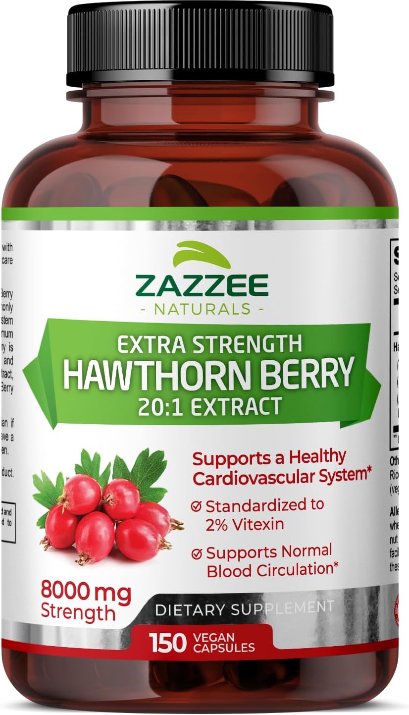 Zazzee Hawthorn Berry Extract 8000mg - 150 Vegan Capsules - 5 Month Supply - 20:1 Concentration - Non-GMO, All-Natural, Extra Strength