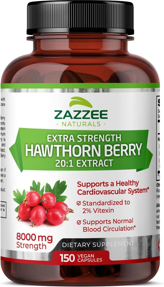 Zazzee Hawthorn Berry Extract 8000mg - 150 Vegan Capsules - 5 Month Supply - 20:1 Concentration - Non-GMO, All-Natural, Extra Strength