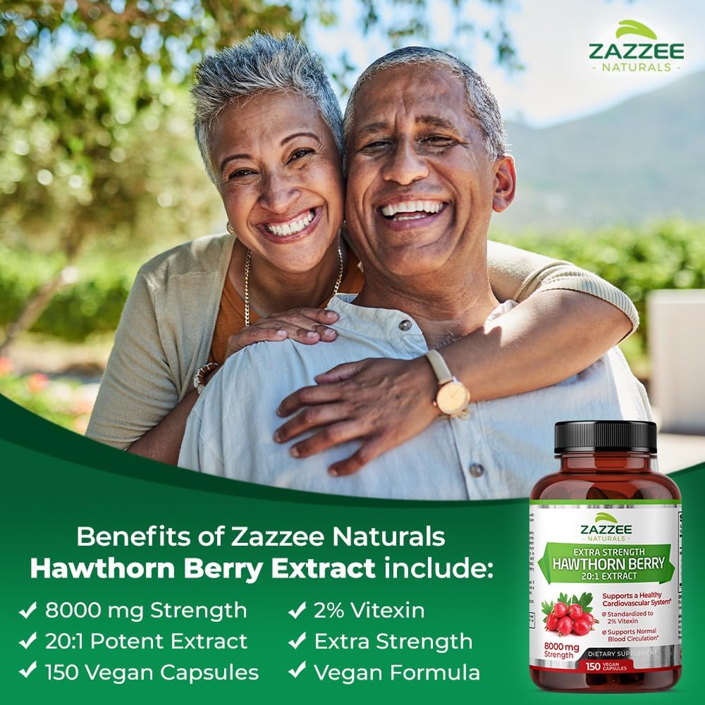 Zazzee Hawthorn Berry Extract 8000mg - 150 Vegan Capsules - 5 Month Supply - 20:1 Concentration - Non-GMO, All-Natural, Extra Strength
