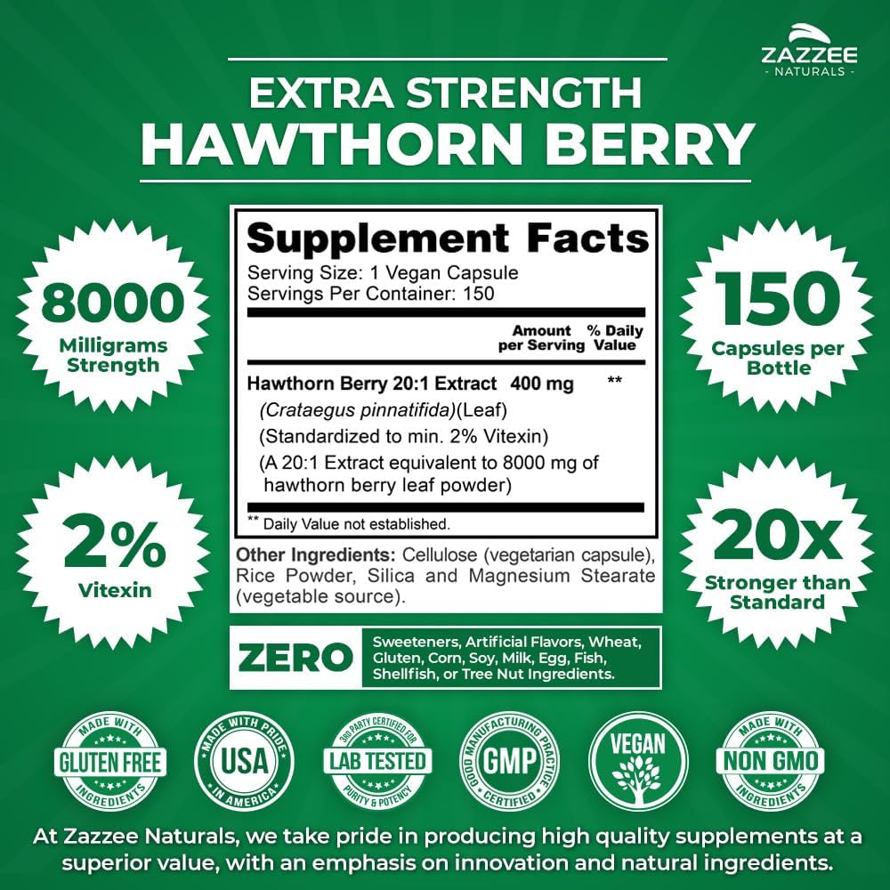 Zazzee Hawthorn Berry Extract 8000mg - 150 Vegan Capsules - 5 Month Supply - 20:1 Concentration - Non-GMO, All-Natural, Extra Strength