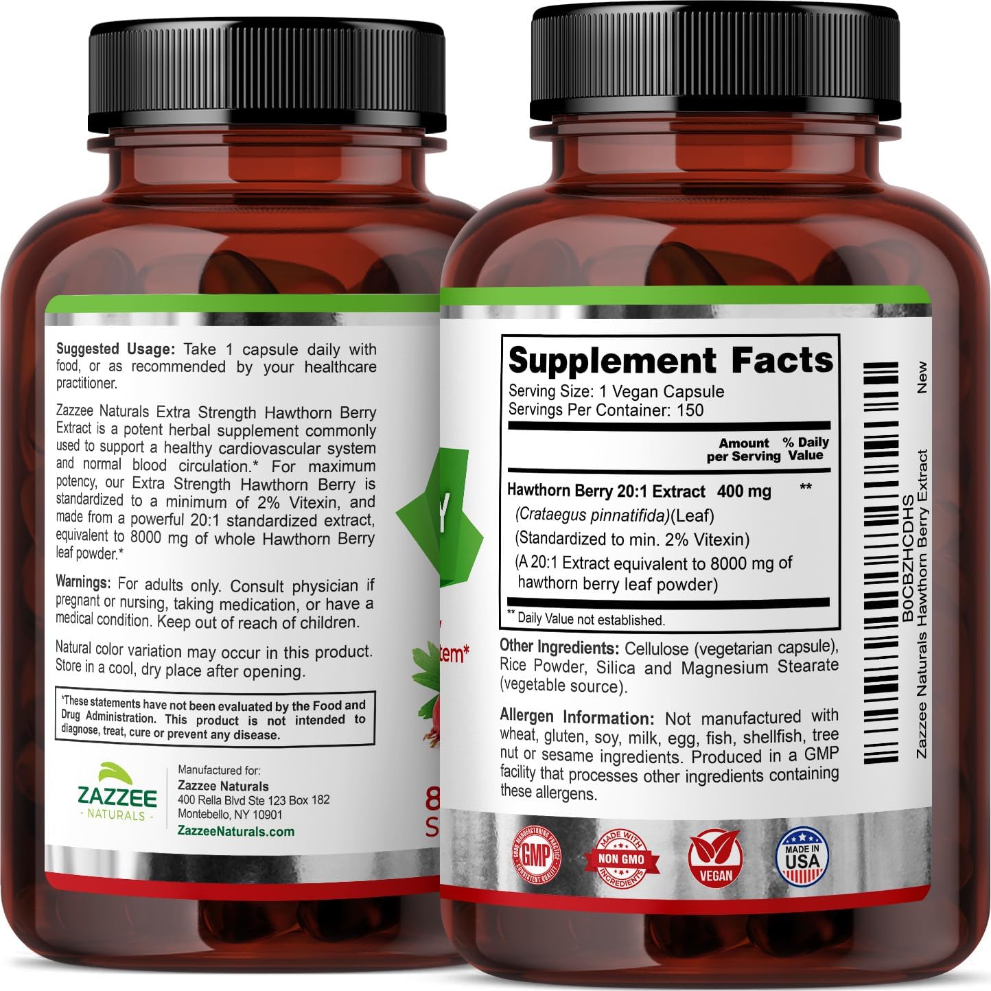 Zazzee Hawthorn Berry Extract 8000mg - 150 Vegan Capsules - 5 Month Supply - 20:1 Concentration - Non-GMO, All-Natural, Extra Strength