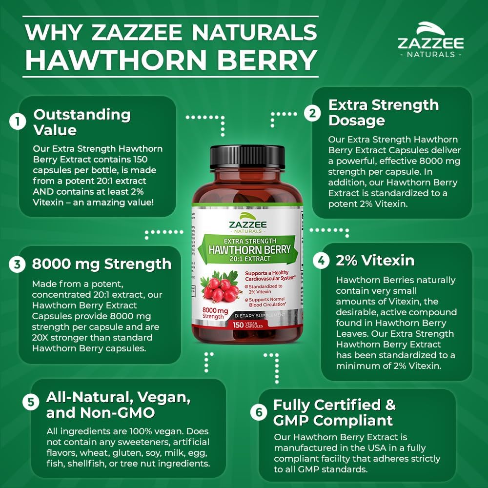 Zazzee Hawthorn Berry Extract 8000mg - 150 Vegan Capsules - 5 Month Supply - 20:1 Concentration - Non-GMO, All-Natural, Extra Strength