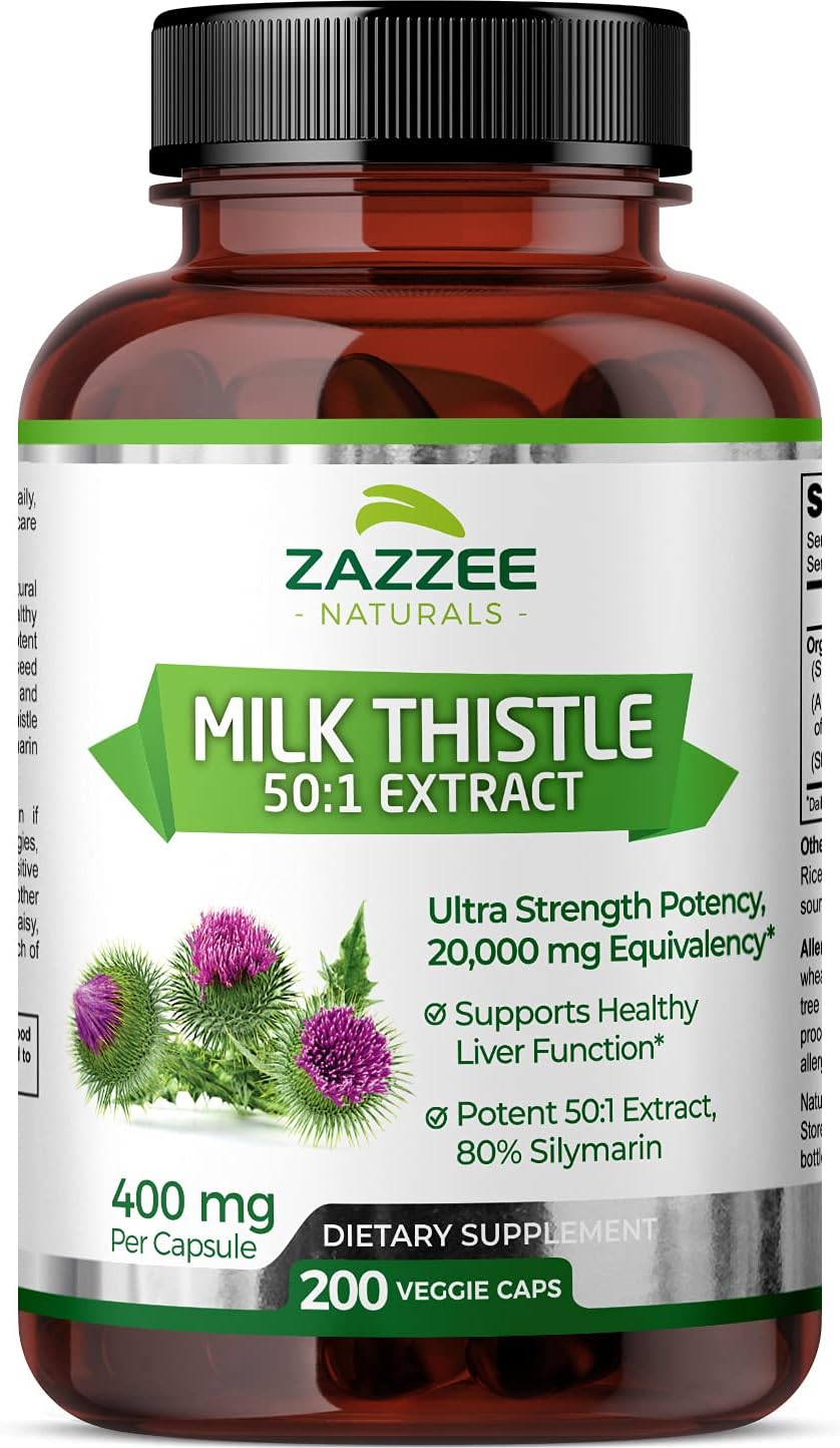 Zazzee Organic Milk Thistle Extract Capsules - 20,000 mg Strength, 200 Vegan Capsules, 80% Silymarin, 6 Month Supply