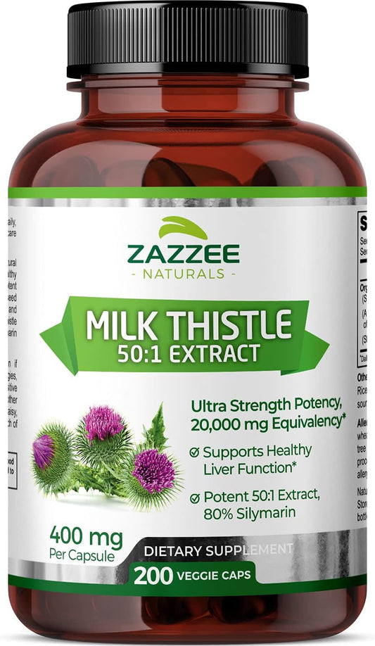 Zazzee Organic Milk Thistle Extract Capsules - 20,000 mg Strength, 200 Vegan Capsules, 80% Silymarin, 6 Month Supply