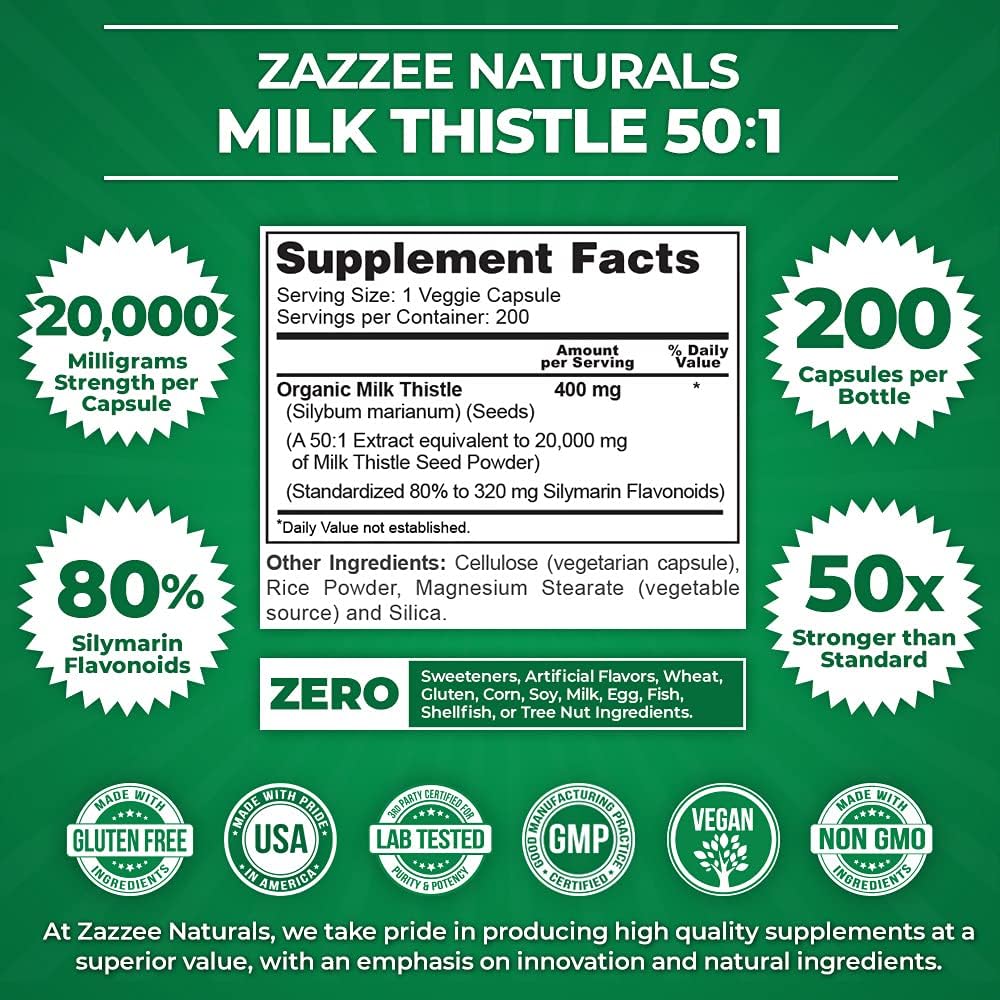Zazzee Organic Milk Thistle Extract Capsules - 20,000 mg Strength, 200 Vegan Capsules, 80% Silymarin, 6 Month Supply