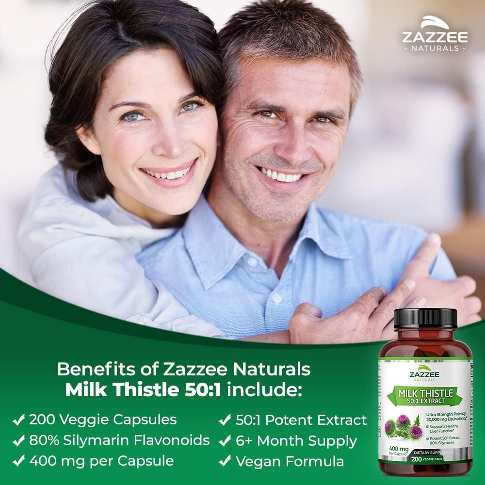 Zazzee Organic Milk Thistle Extract Capsules - 20,000 mg Strength, 200 Vegan Capsules, 80% Silymarin, 6 Month Supply