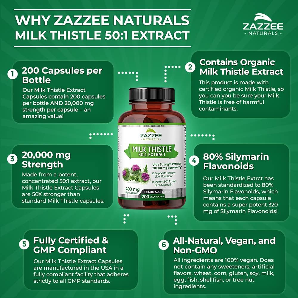 Zazzee Organic Milk Thistle Extract Capsules - 20,000 mg Strength, 200 Vegan Capsules, 80% Silymarin, 6 Month Supply