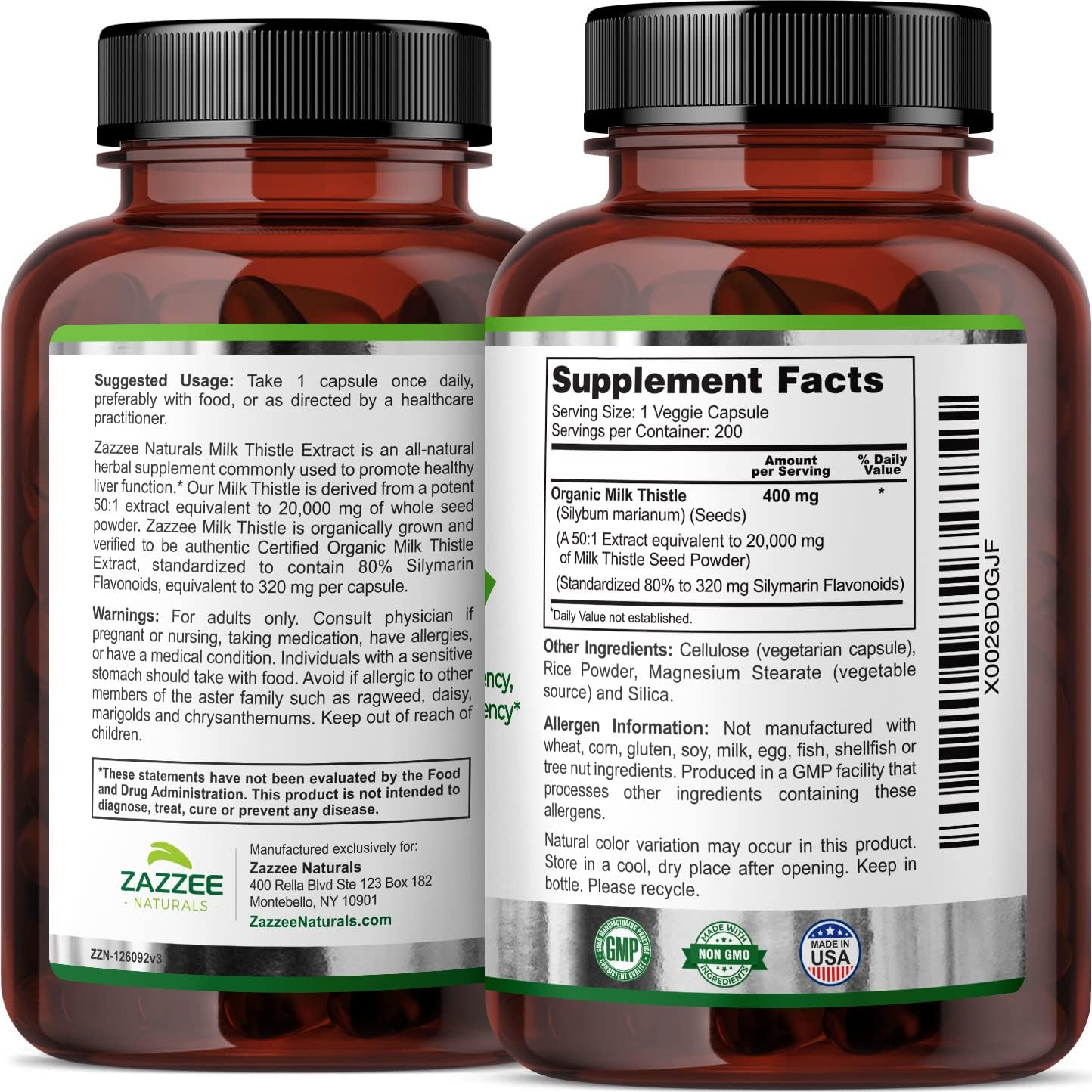 Zazzee Organic Milk Thistle Extract Capsules - 20,000 mg Strength, 200 Vegan Capsules, 80% Silymarin, 6 Month Supply