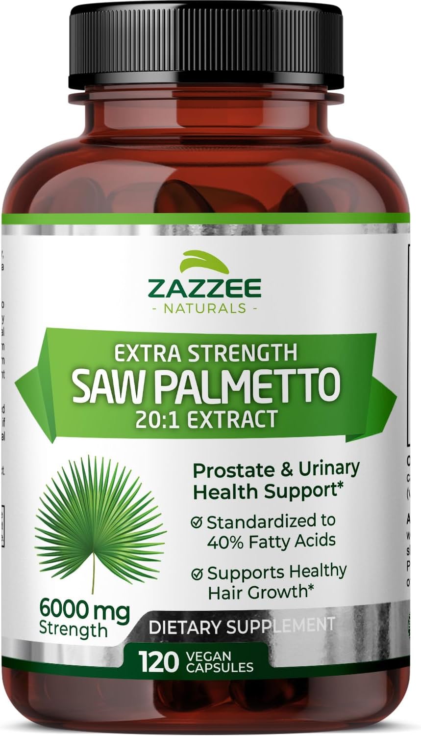 Zazzee Saw Palmetto Extract 6000mg - 120 Vegan Capsules (4 Month Supply) - 40% Fatty Acids, Extra Strength 20:1 Concentrated & Standardized - Non-GMO, All-Natural - Made in USA