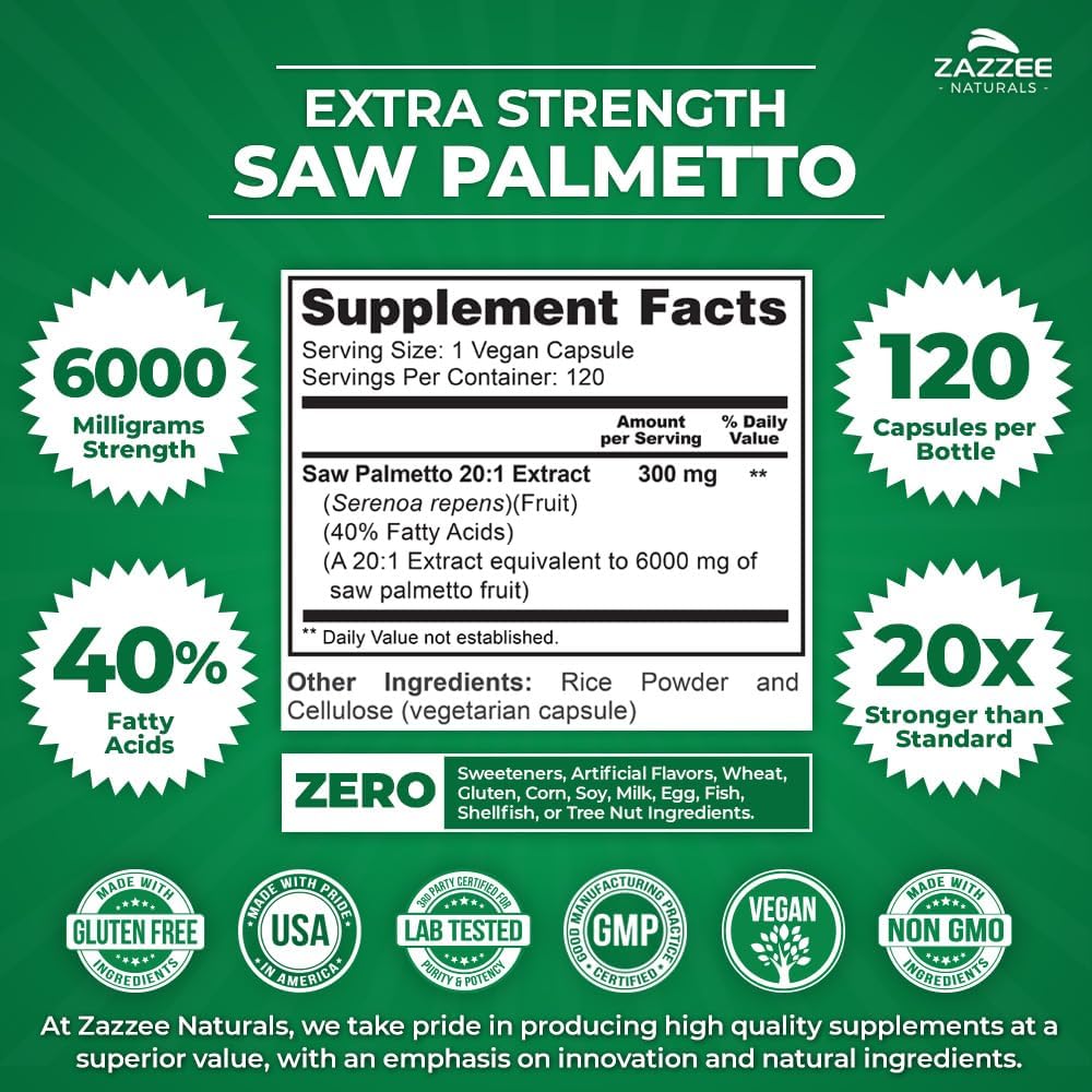 Zazzee Saw Palmetto Extract 6000mg - 120 Vegan Capsules (4 Month Supply) - 40% Fatty Acids, Extra Strength 20:1 Concentrated & Standardized - Non-GMO, All-Natural - Made in USA