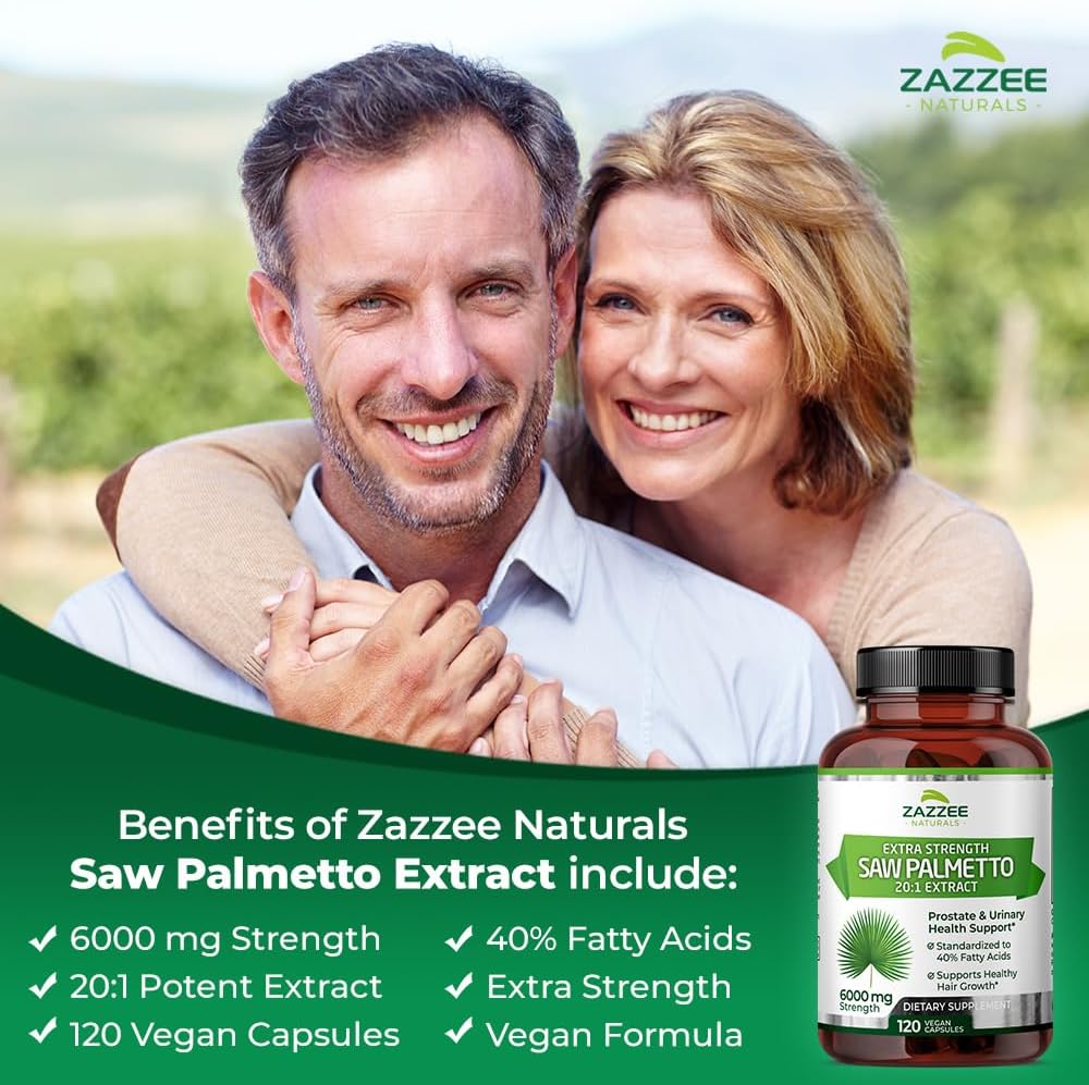 Zazzee Saw Palmetto Extract 6000mg - 120 Vegan Capsules (4 Month Supply) - 40% Fatty Acids, Extra Strength 20:1 Concentrated & Standardized - Non-GMO, All-Natural - Made in USA