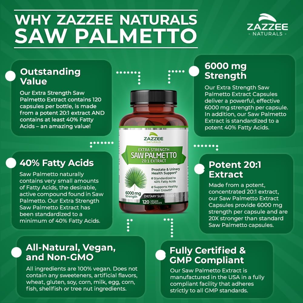 Zazzee Saw Palmetto Extract 6000mg - 120 Vegan Capsules (4 Month Supply) - 40% Fatty Acids, Extra Strength 20:1 Concentrated & Standardized - Non-GMO, All-Natural - Made in USA