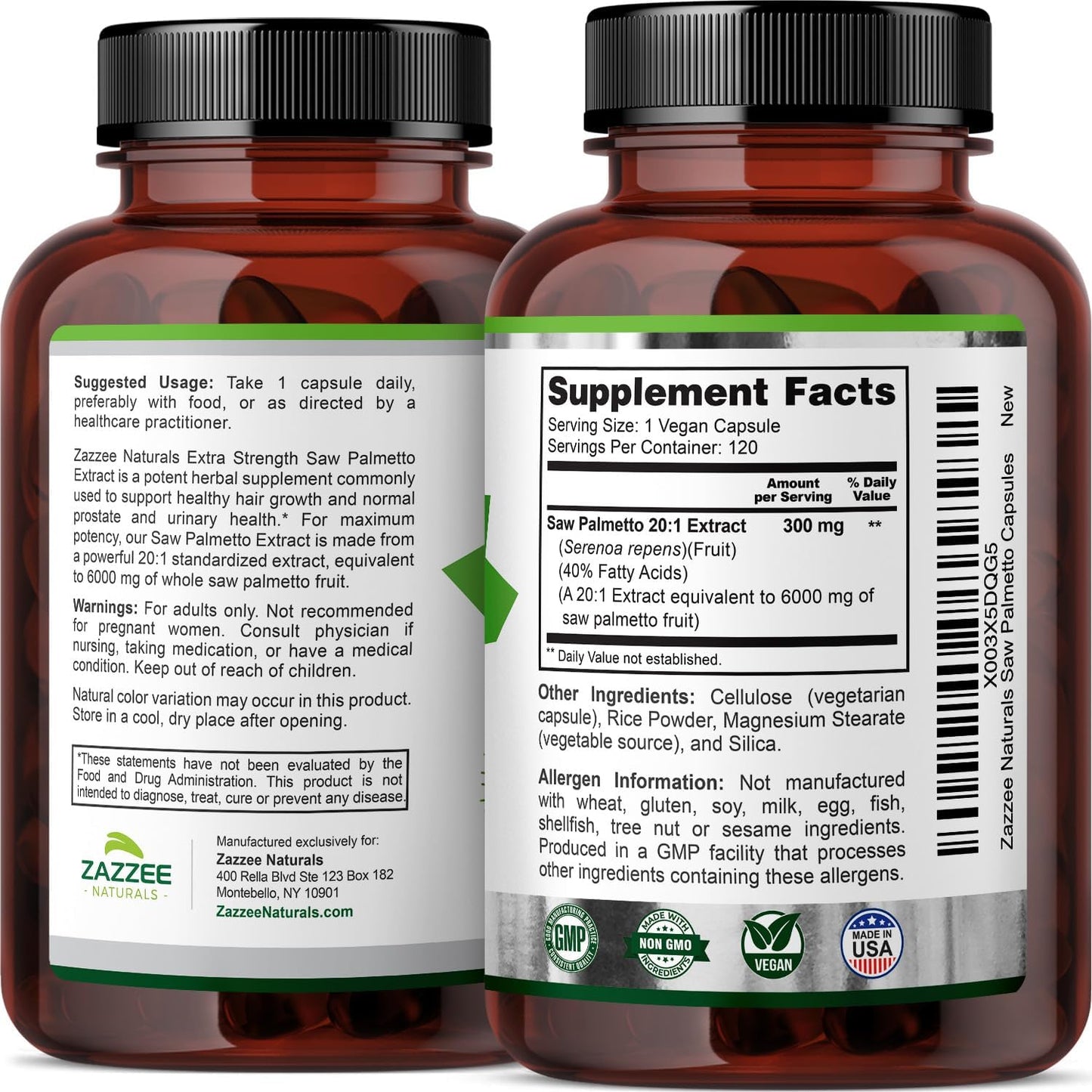Zazzee Saw Palmetto Extract 6000mg - 120 Vegan Capsules (4 Month Supply) - 40% Fatty Acids, Extra Strength 20:1 Concentrated & Standardized - Non-GMO, All-Natural - Made in USA