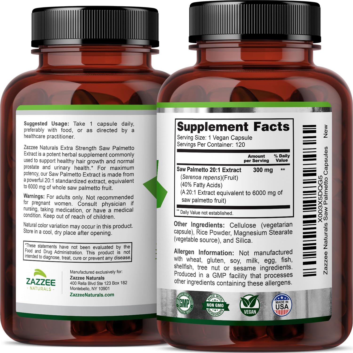 Zazzee Saw Palmetto Extract 6000mg - 120 Vegan Capsules (4 Month Supply) - 40% Fatty Acids, Extra Strength 20:1 Concentrated & Standardized - Non-GMO, All-Natural - Made in USA