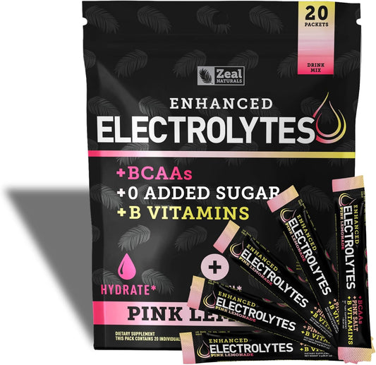 Zeal Naturals Electrolyte Powder Stick Packs - Pink Lemonade (20 Packets) Sugar-Free with BCAAs, B-Vitamins, Potassium, Zinc, Magnesium - Hydration Supplement for Keto Diet