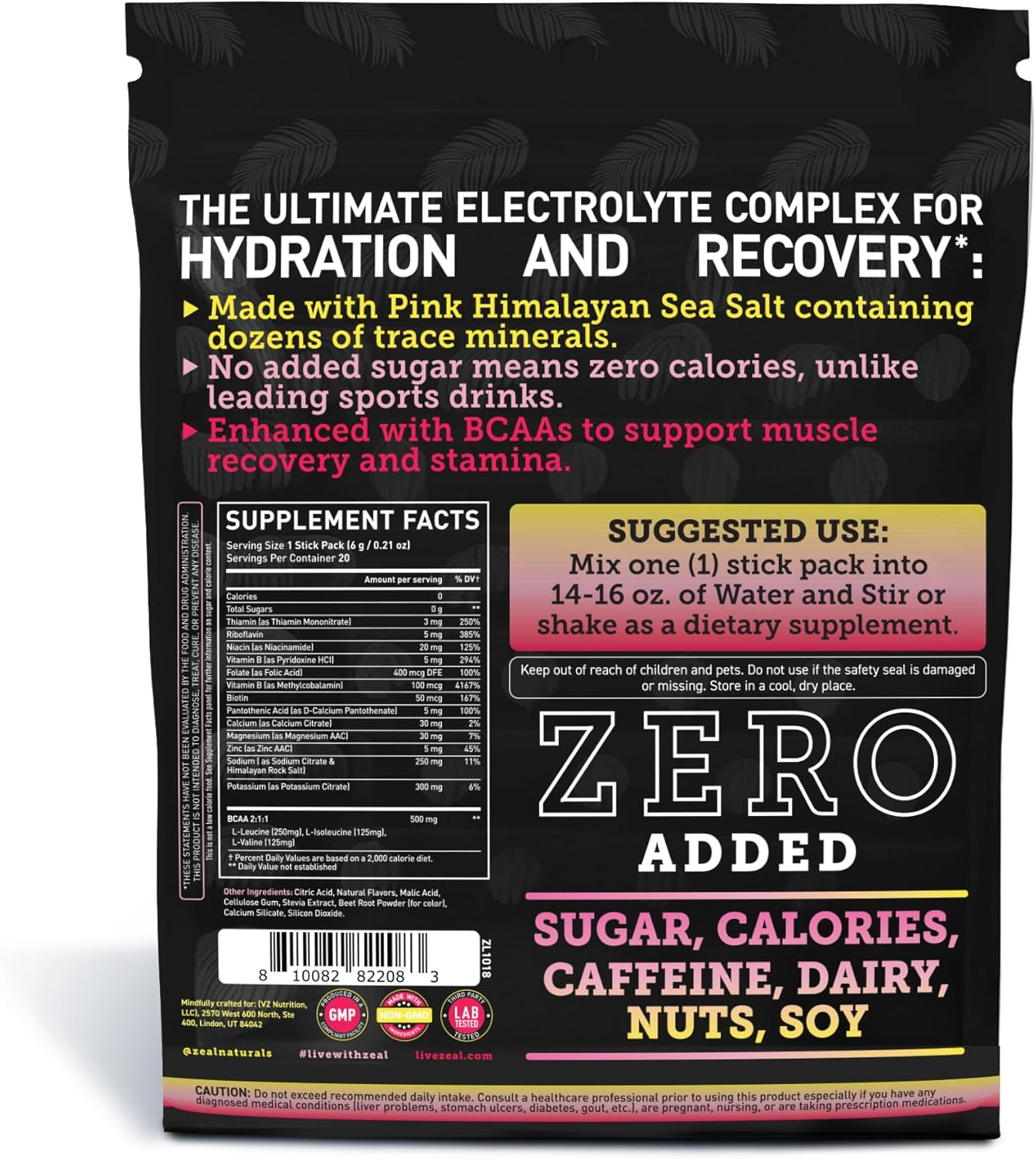 Zeal Naturals Electrolyte Powder Stick Packs - Pink Lemonade (20 Packets) Sugar-Free with BCAAs, B-Vitamins, Potassium, Zinc, Magnesium - Hydration Supplement for Keto Diet