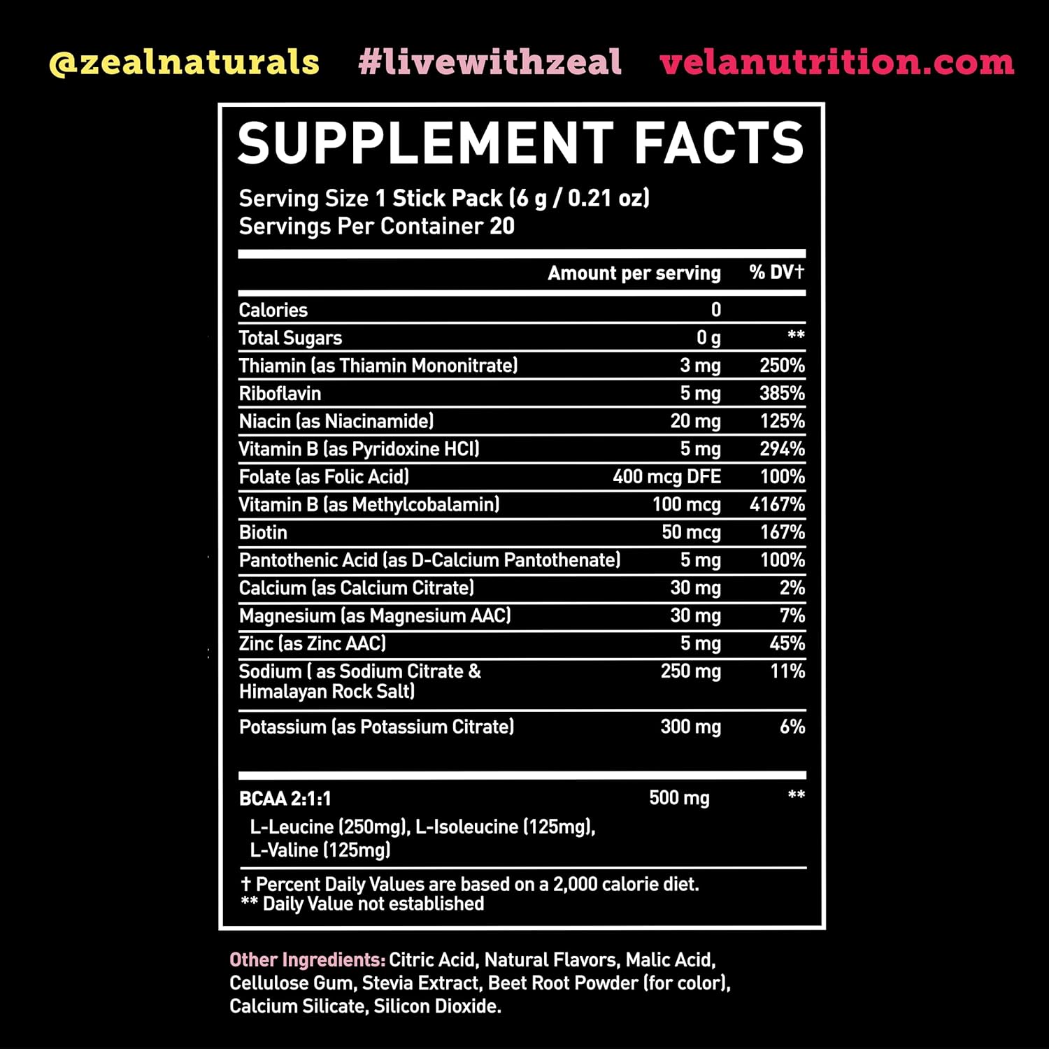 Zeal Naturals Electrolyte Powder Stick Packs - Pink Lemonade (20 Packets) Sugar-Free with BCAAs, B-Vitamins, Potassium, Zinc, Magnesium - Hydration Supplement for Keto Diet