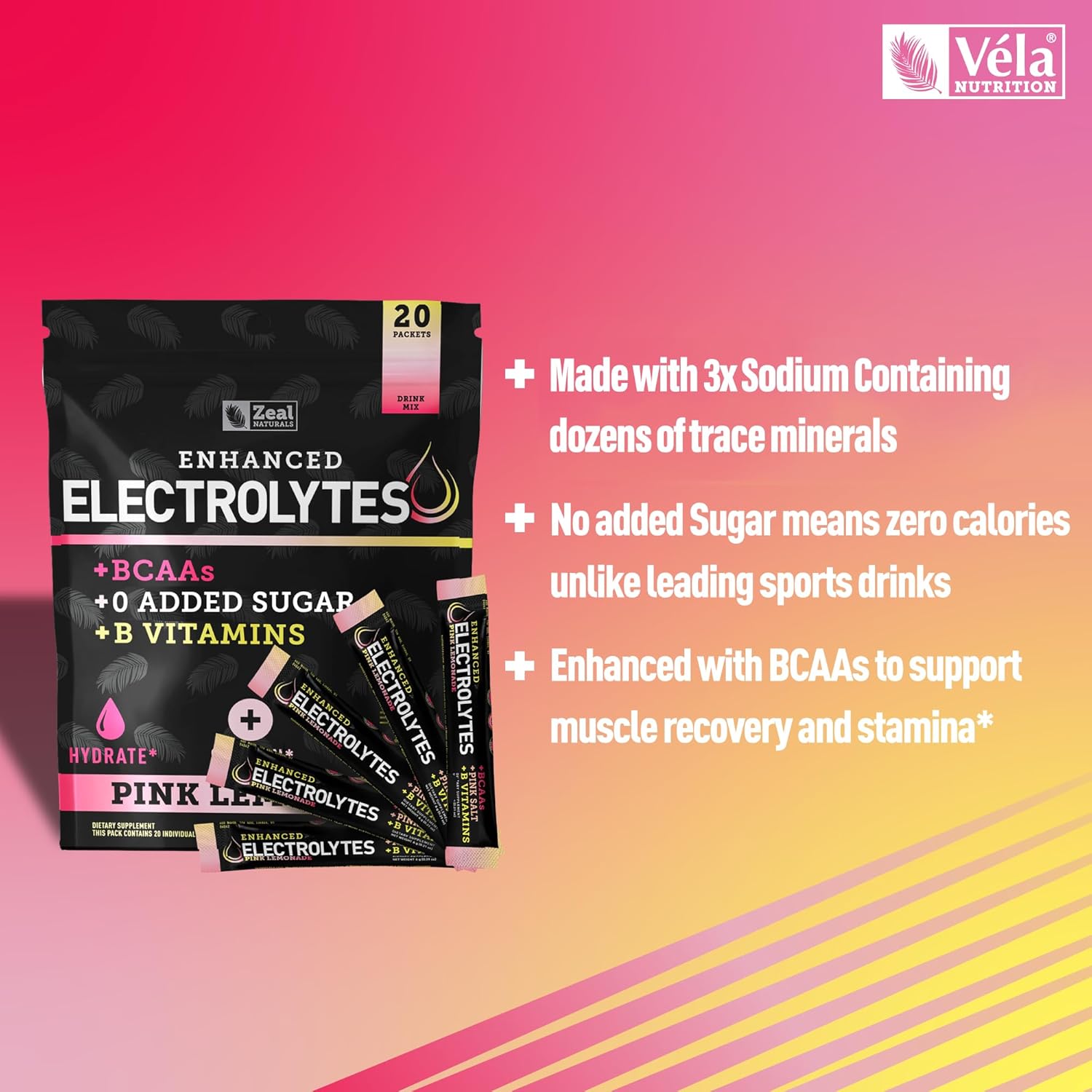 Zeal Naturals Electrolyte Powder Stick Packs - Pink Lemonade (20 Packets) Sugar-Free with BCAAs, B-Vitamins, Potassium, Zinc, Magnesium - Hydration Supplement for Keto Diet