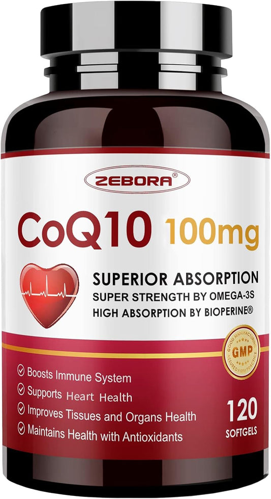 ZEBORA CoQ10 Softgels with PQQ, BioPerine & Omega-3 for Heart Health and Energy Production - 120 Servings