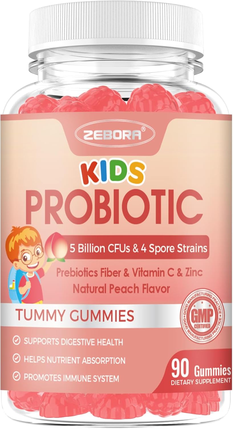 ZEBORA Kids Probiotic Fiber Gummies - 5 Billion CFUs with Prebiotics, Vitamin C, and Zinc - 45 Servings, Natural Peach Flavor