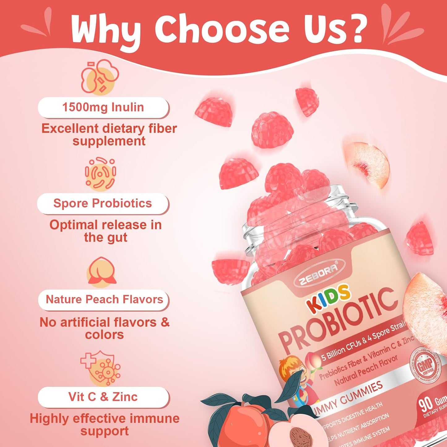 ZEBORA Kids Probiotic Fiber Gummies - 5 Billion CFUs with Prebiotics, Vitamin C, and Zinc - 45 Servings, Natural Peach Flavor