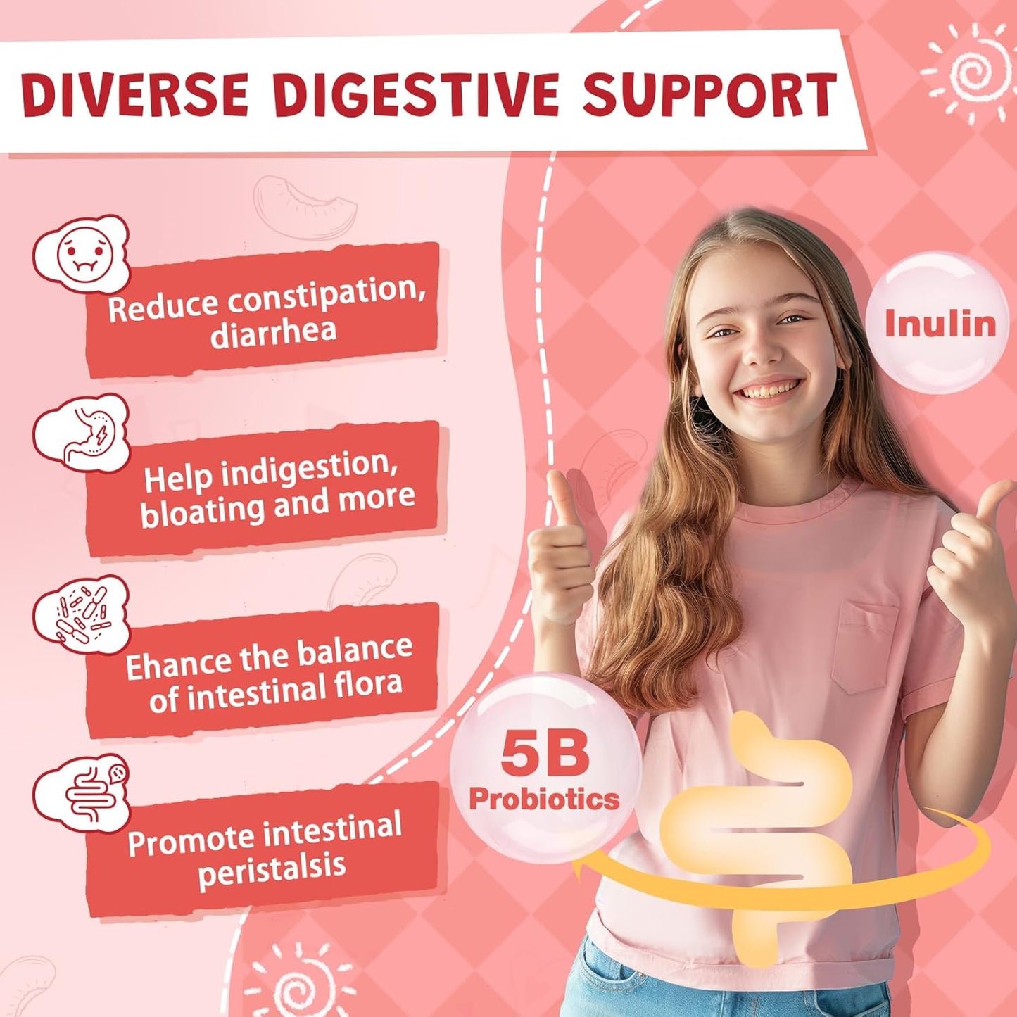 ZEBORA Kids Probiotic Fiber Gummies - 5 Billion CFUs with Prebiotics, Vitamin C, and Zinc - 45 Servings, Natural Peach Flavor