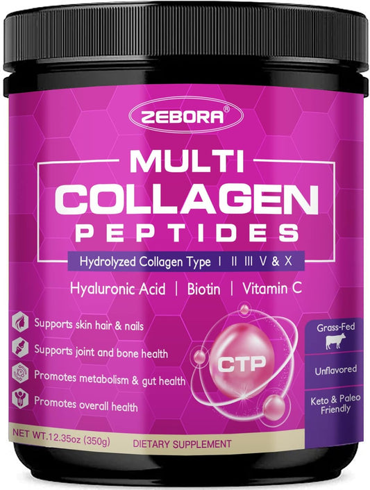 ZEBORA Multi Collagen Peptides Powder with Hyaluronic Acid, Biotin, and Vitamin C - Supports Skin, Hair, Nails, and Joints - Non-GMO, Unflavored, Keto-Friendly Formula