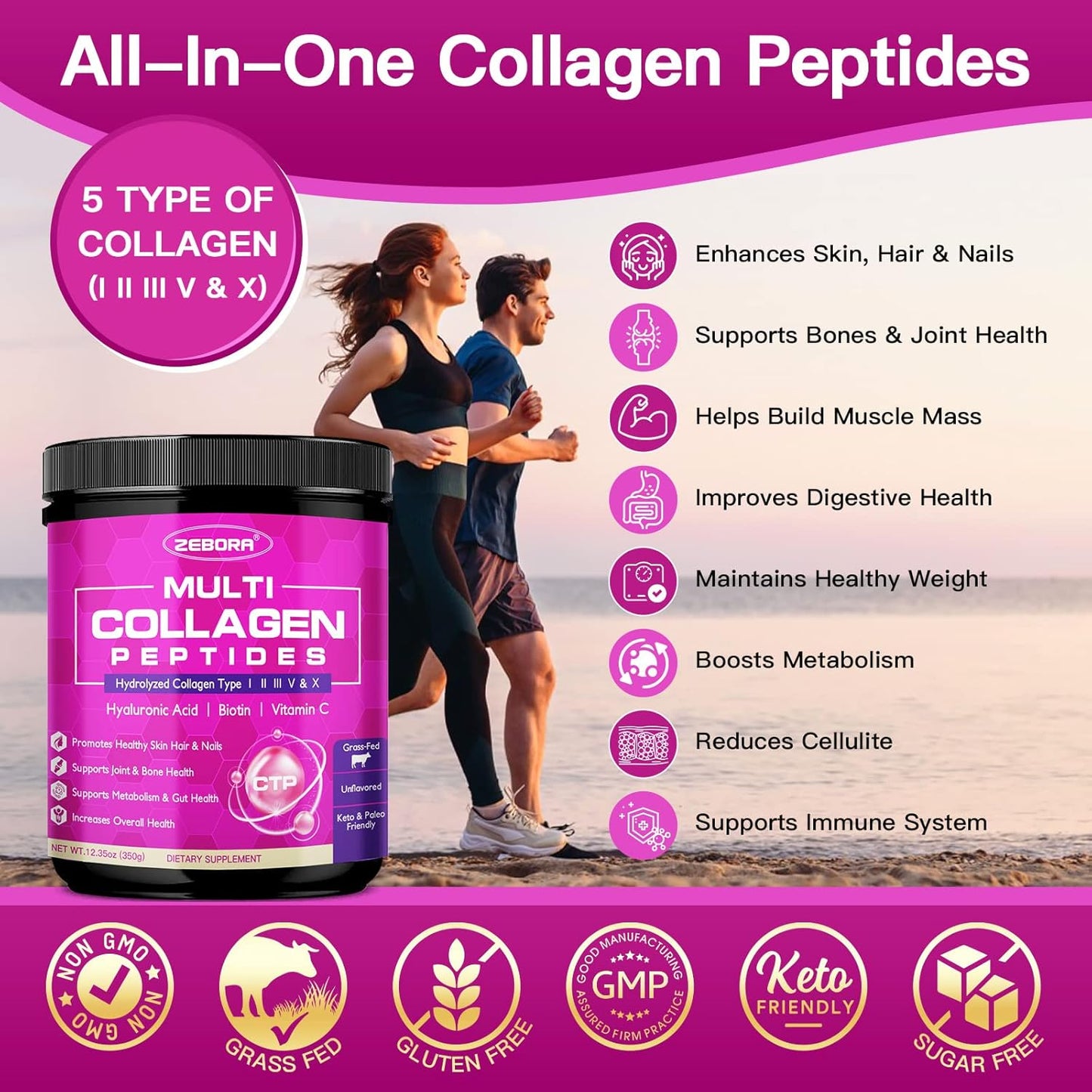 ZEBORA Multi Collagen Peptides Powder with Hyaluronic Acid, Biotin, and Vitamin C - Supports Skin, Hair, Nails, and Joints - Non-GMO, Unflavored, Keto-Friendly Formula