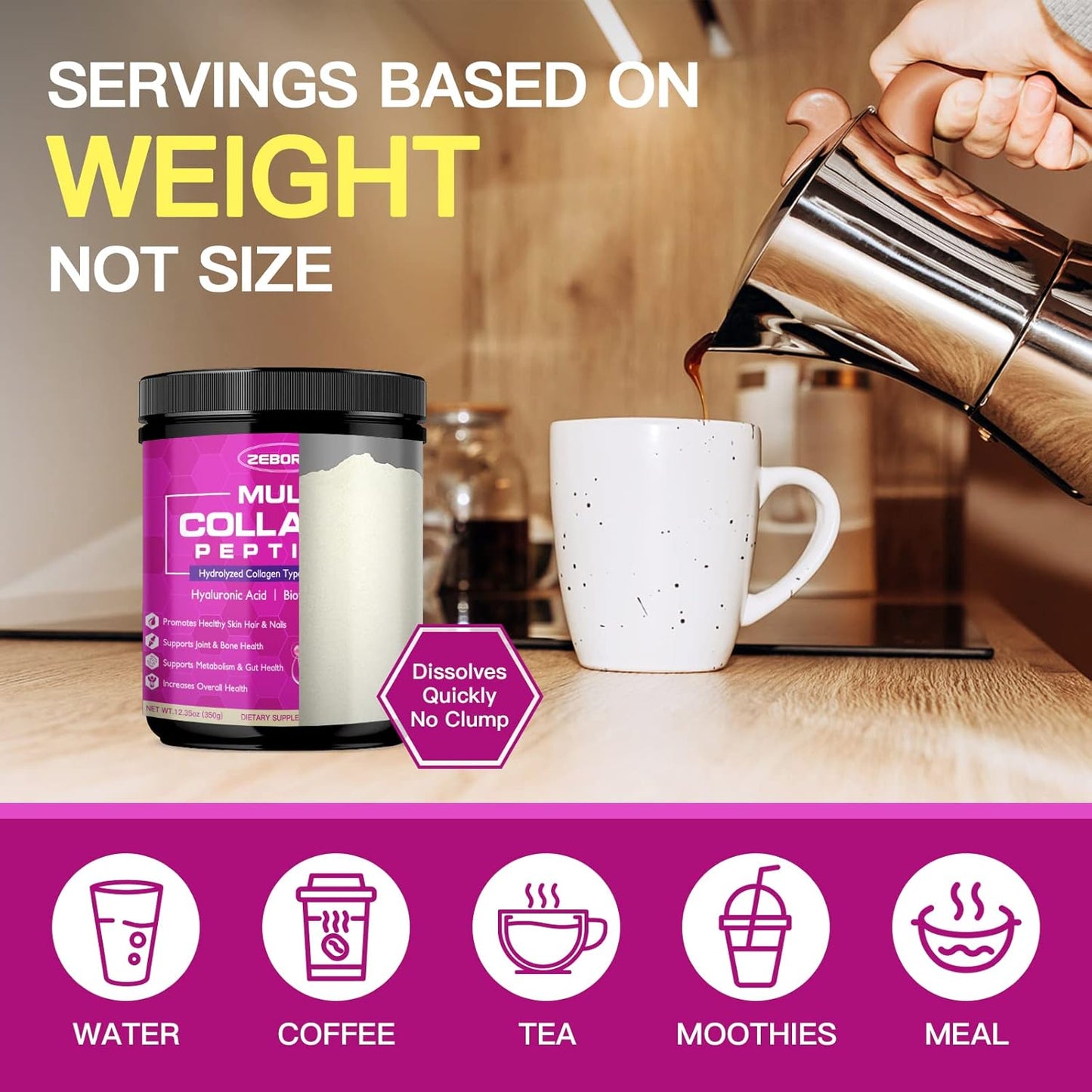 ZEBORA Multi Collagen Peptides Powder with Hyaluronic Acid, Biotin, and Vitamin C - Supports Skin, Hair, Nails, and Joints - Non-GMO, Unflavored, Keto-Friendly Formula