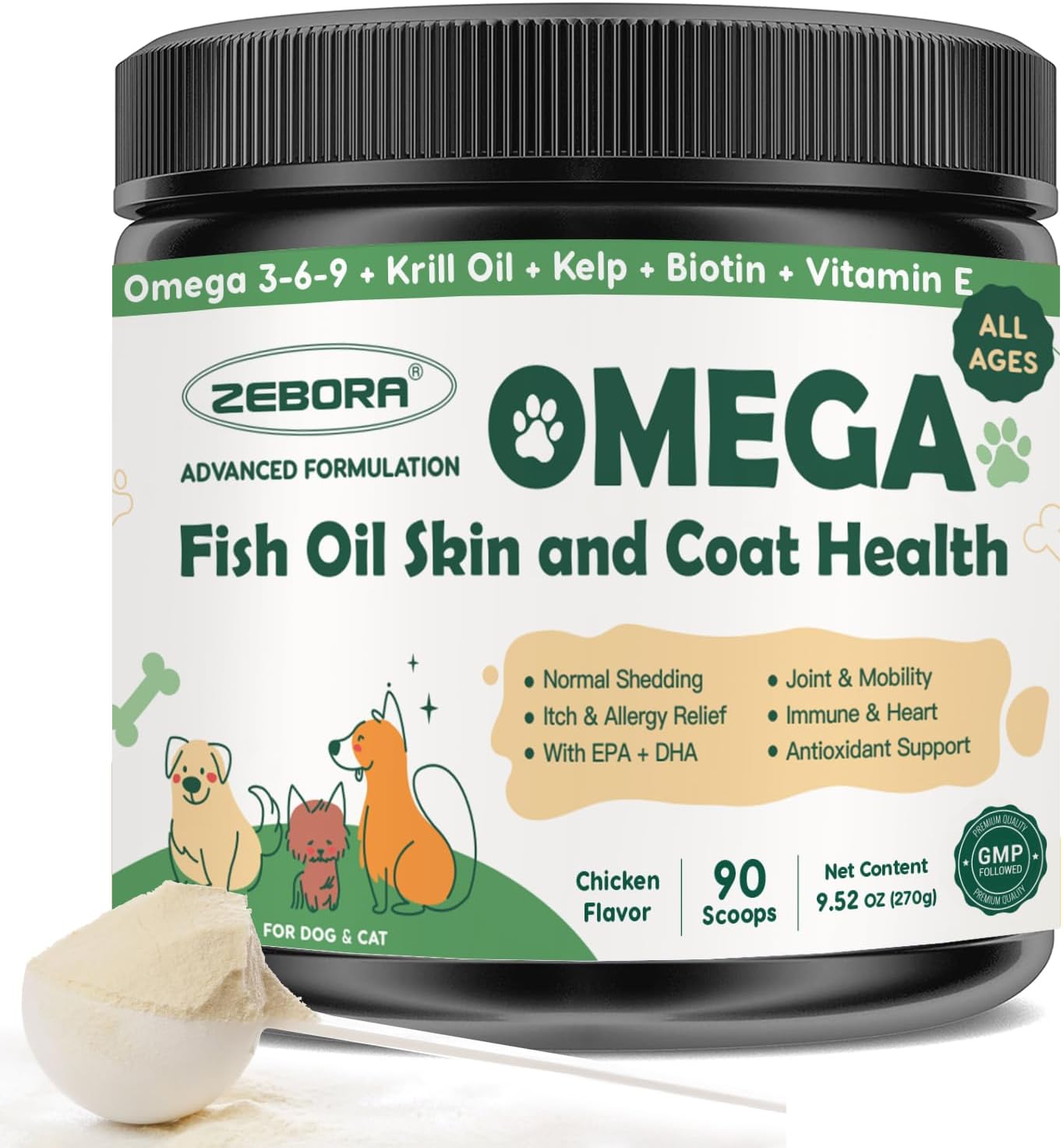 ZEBORA Omega 3 Fish Oil Powder for Dogs - Wild Caught EPA & DHA, Krill Oil, Kelp - Skin & Coat Supplement, Anti Itch, Joint Health, Allergy Relief