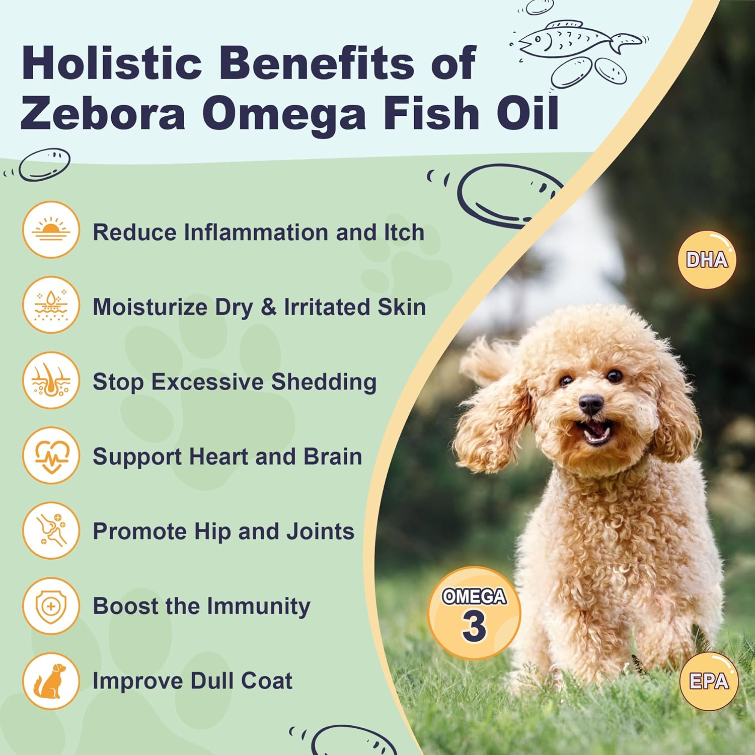 ZEBORA Omega 3 Fish Oil Powder for Dogs - Wild Caught EPA & DHA, Krill Oil, Kelp - Skin & Coat Supplement, Anti Itch, Joint Health, Allergy Relief