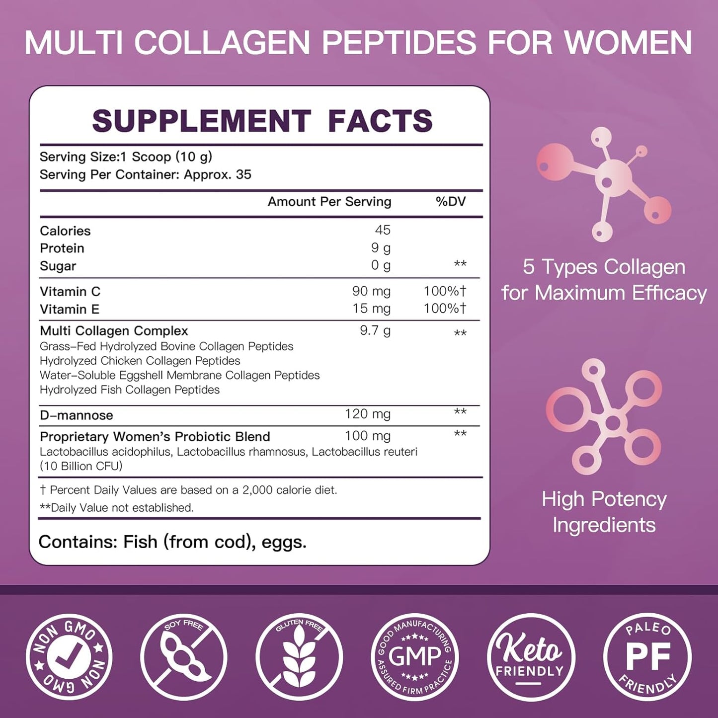 ZEBORA Women's Multi Collagen Peptides Powder with D-Mannose & Probiotics - Supports Skin, Hair, Nails, & Urinary Tract Health - Unflavored - 35 Servings