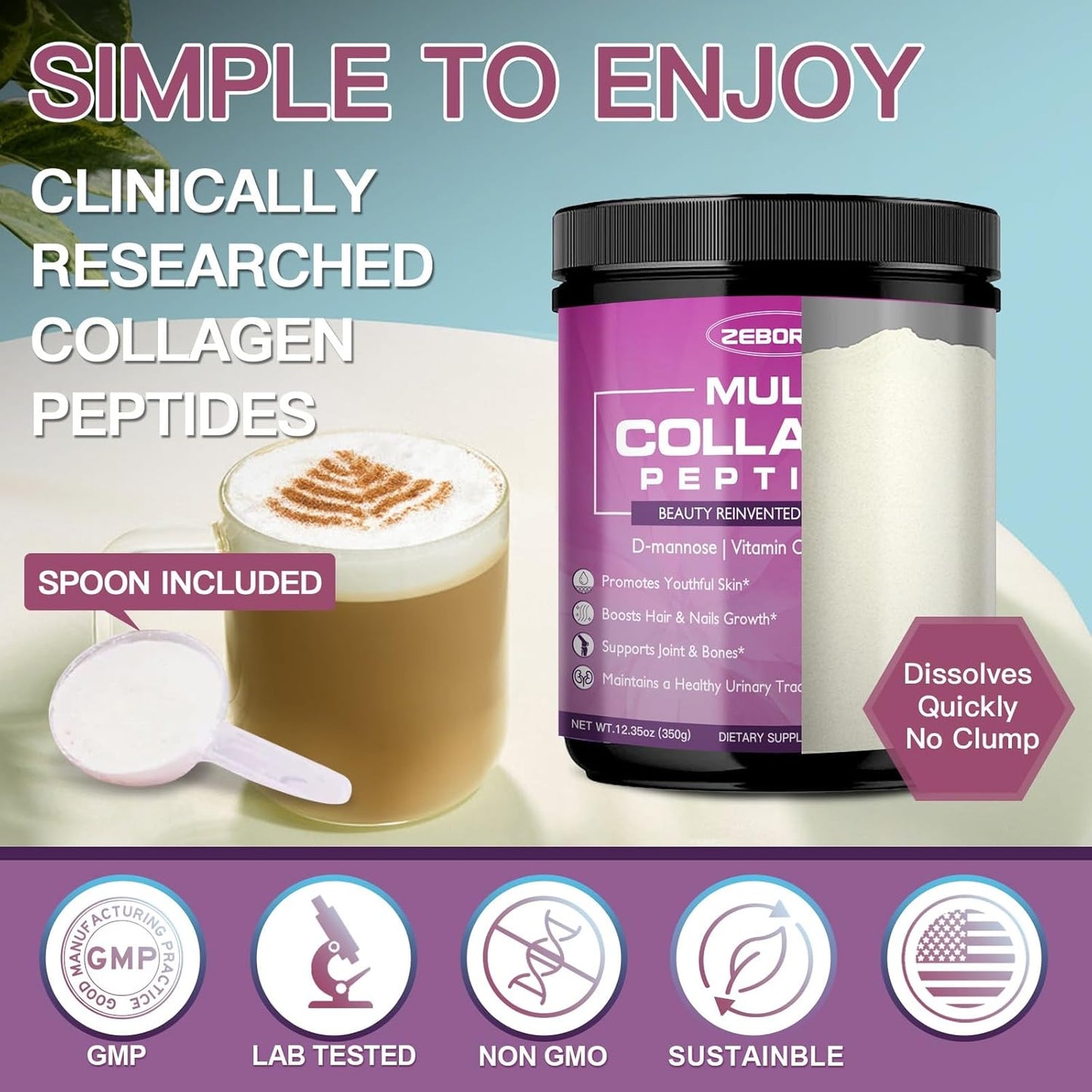 ZEBORA Women's Multi Collagen Peptides Powder with D-Mannose & Probiotics - Supports Skin, Hair, Nails, & Urinary Tract Health - Unflavored - 35 Servings