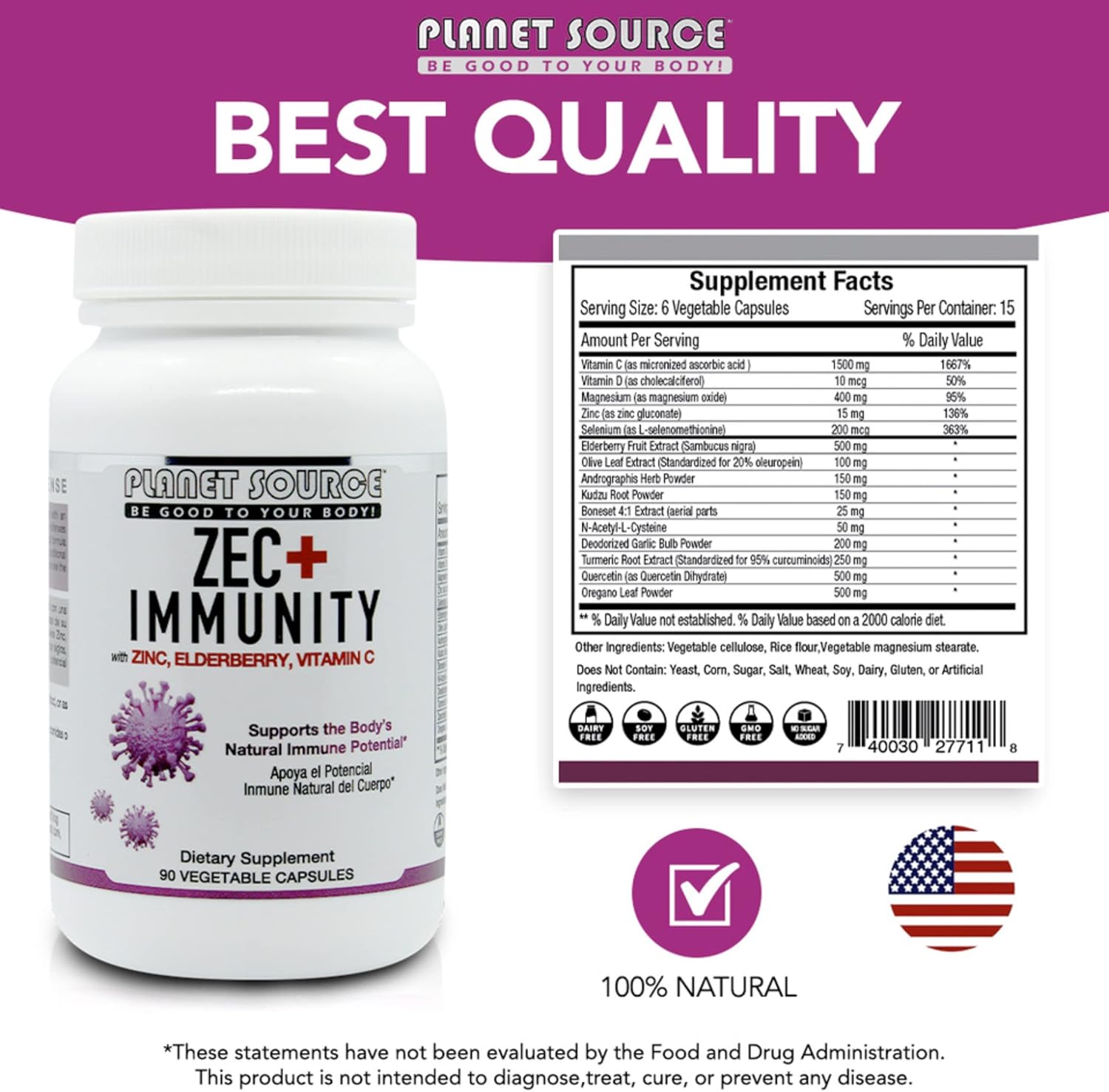ZEC+ Immunity Elderberry Supplement with Zinc and Vitamin C - Natural Adult Vitamins for Healthy Living - 90 Veggie Capsules