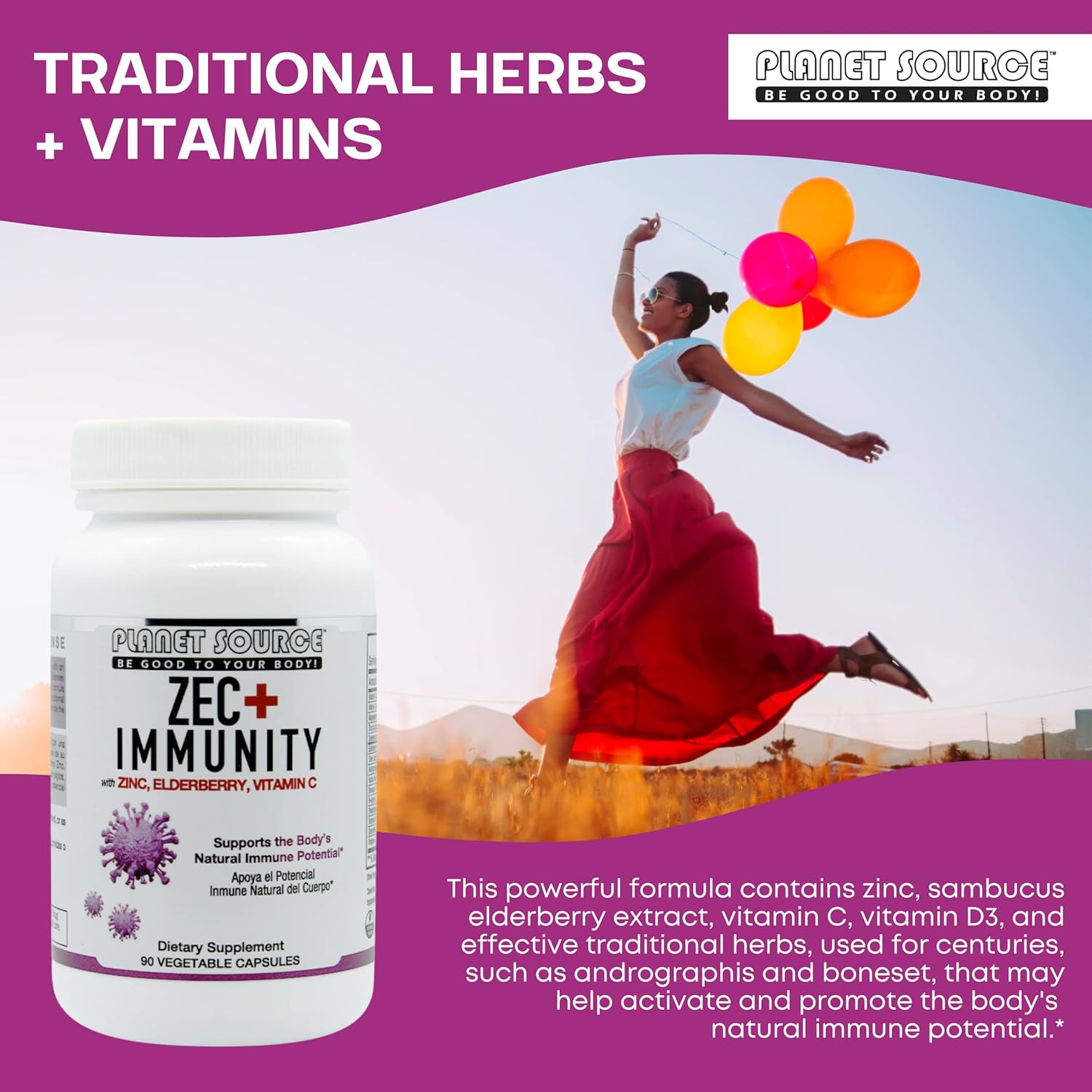 ZEC+ Immunity Elderberry Supplement with Zinc and Vitamin C - Natural Adult Vitamins for Healthy Living - 90 Veggie Capsules