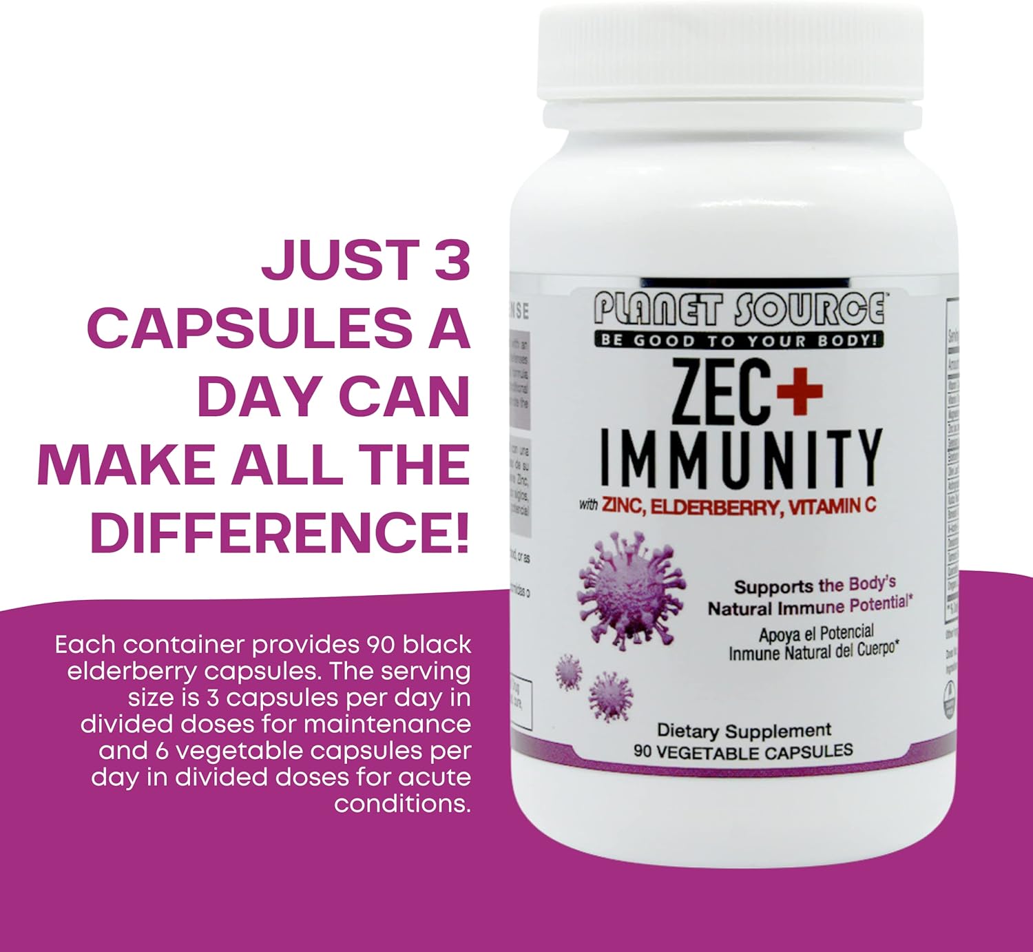 ZEC+ Immunity Elderberry Supplement with Zinc and Vitamin C - Natural Adult Vitamins for Healthy Living - 90 Veggie Capsules