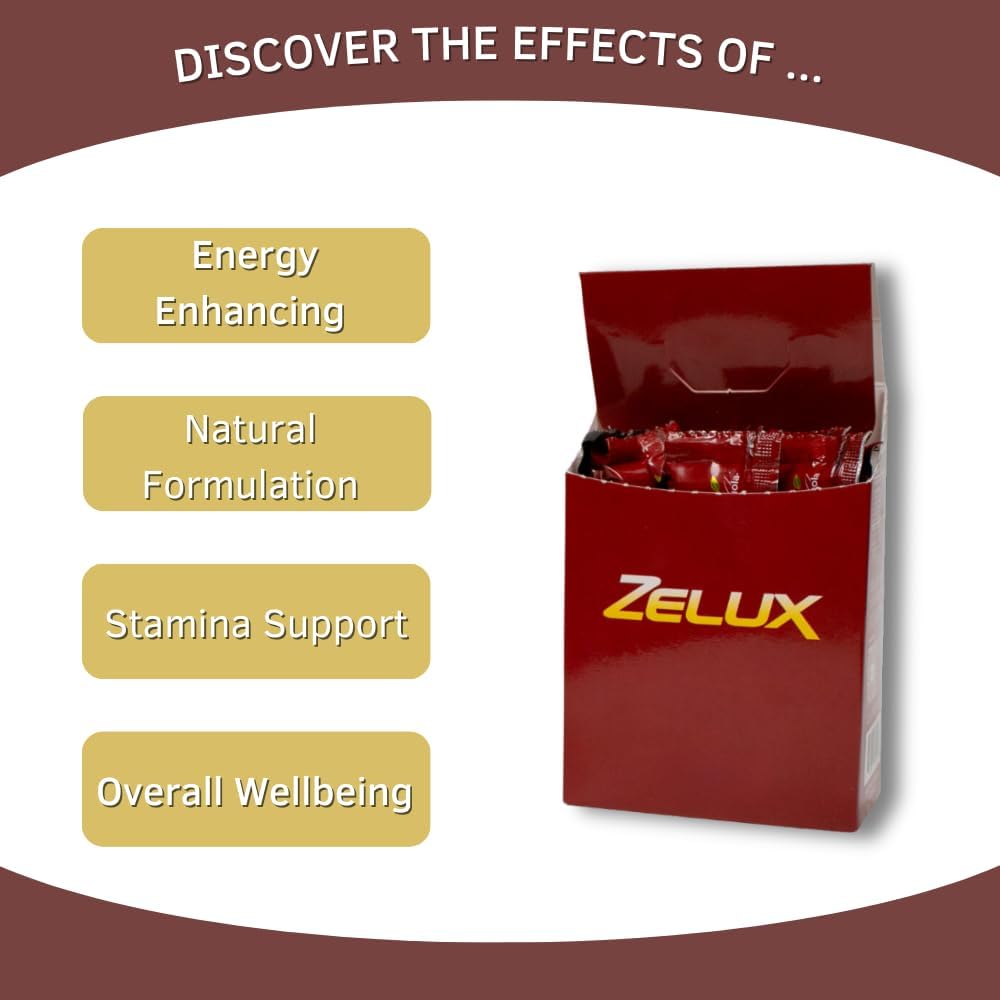 Zelux Energy Boost Supplement Box - Natural Stamina & Performance Support - Contains Damiana, Tribulus Terrestris, Ginkgo Biloba, Maca, & Korean Red Ginseng - 8 Sachets