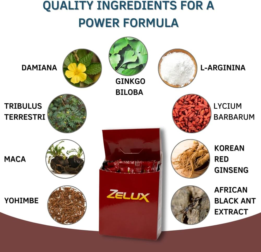 Zelux Energy Boost Supplement Box - Natural Stamina & Performance Support - Contains Damiana, Tribulus Terrestris, Ginkgo Biloba, Maca, & Korean Red Ginseng - 8 Sachets